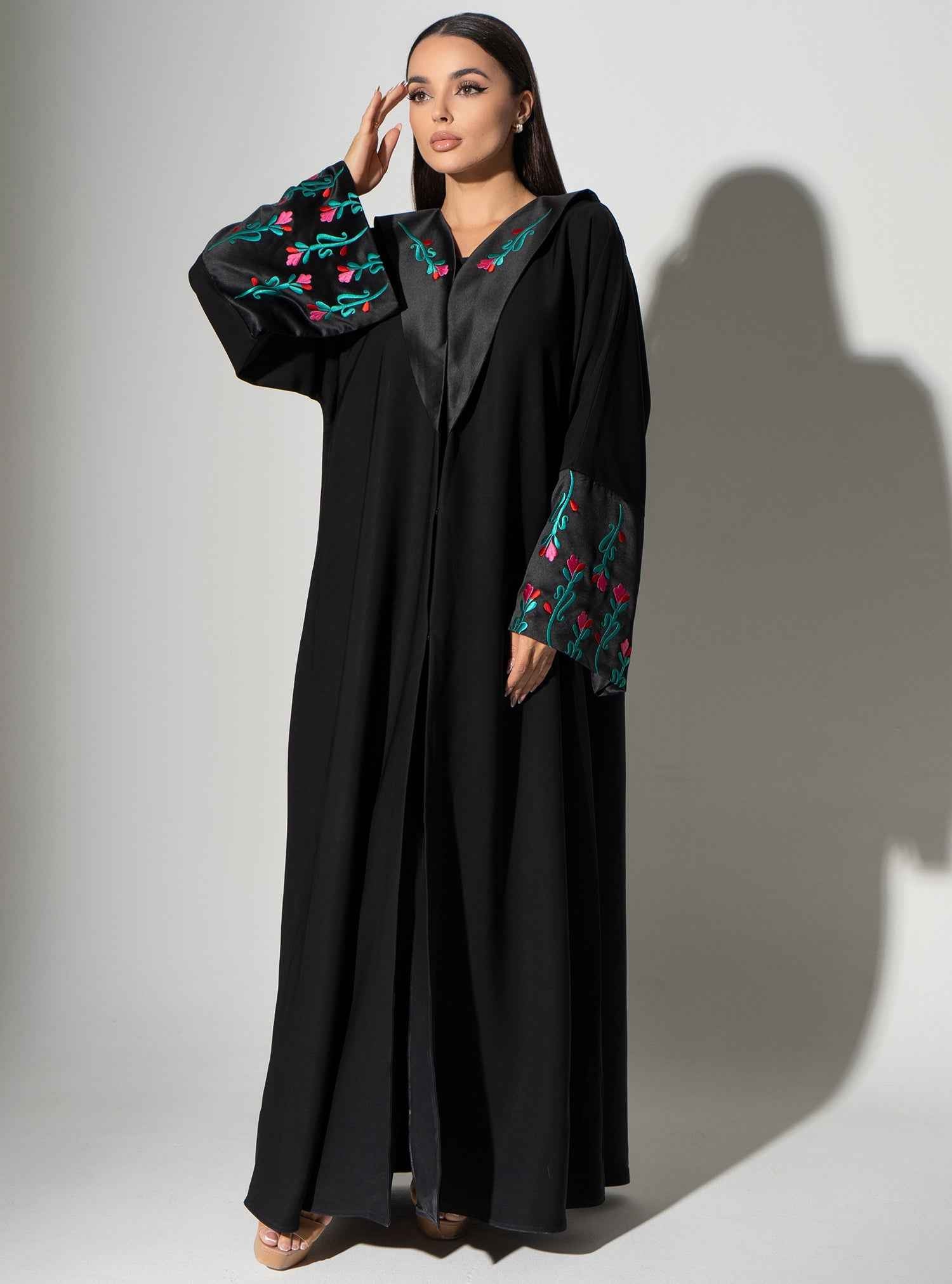 Lalazar-ABY024 – Black Abaya with Elegant Floral Embroidered Cuffs