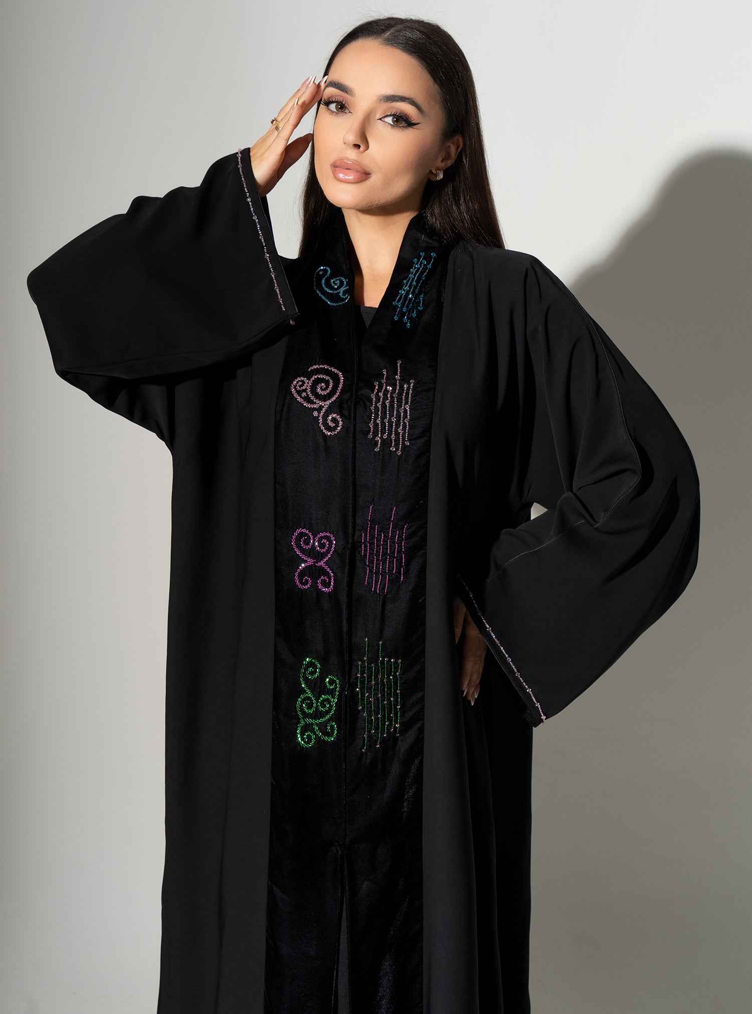 Jet-ABY021 – Black Crepe & Chiffon Abaya with Hand-Embroidered Multicolor Detail