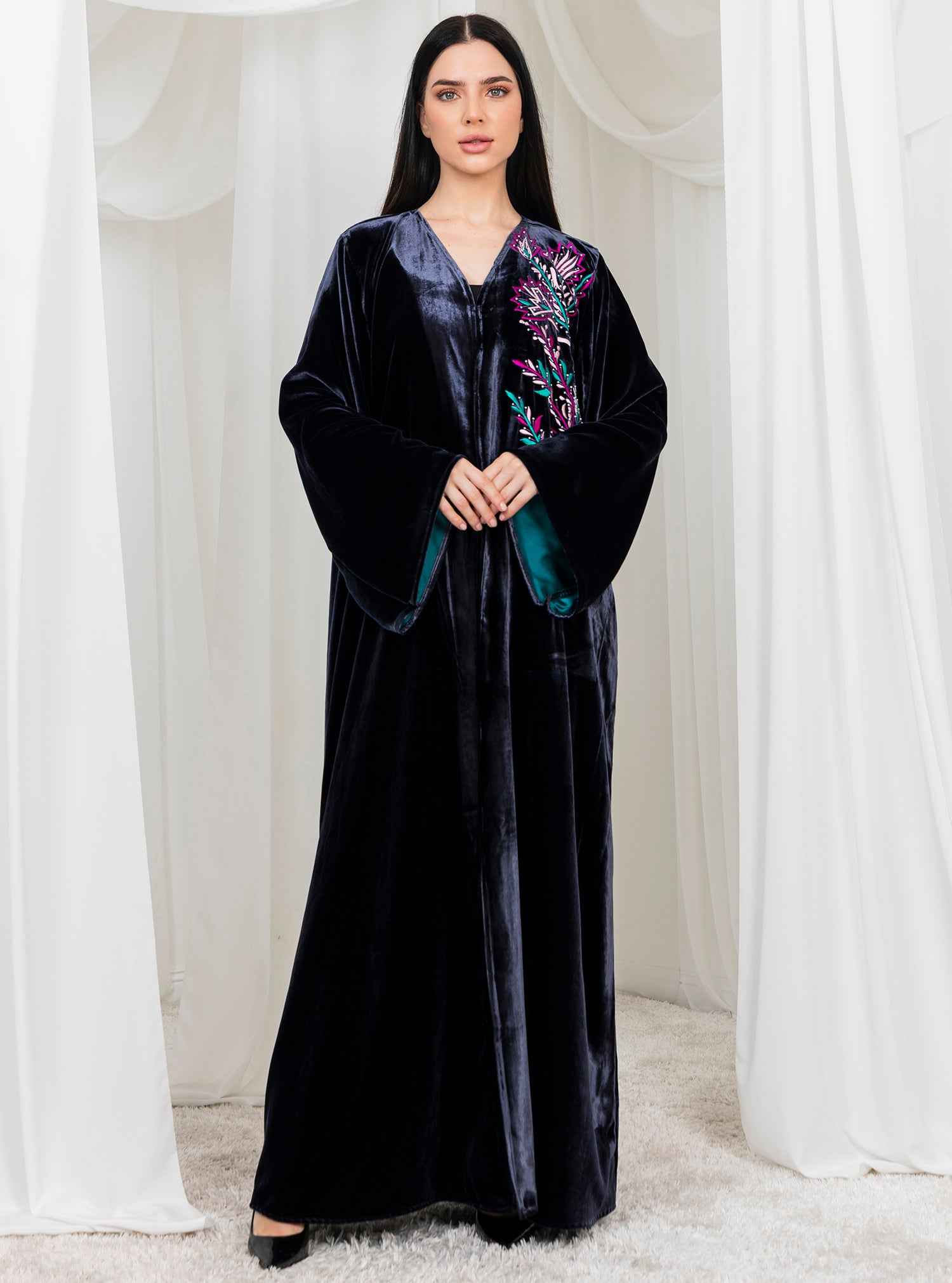 Fayrouz-ABY042 – Black Velvet Abaya with Refined Silk Thread Embroidery