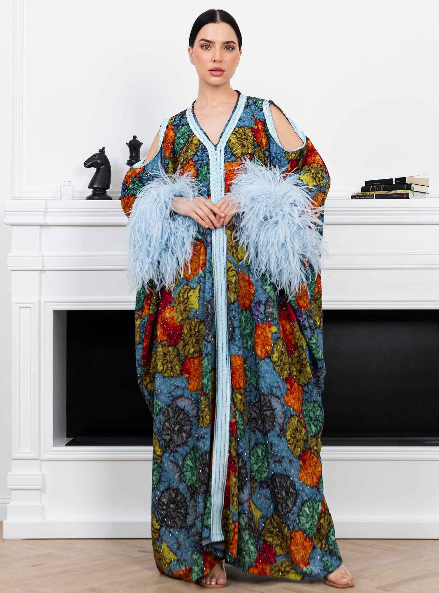 Macaw-KTN048 – Open-Shoulder Cashmere Kaftan with Statement Feathers