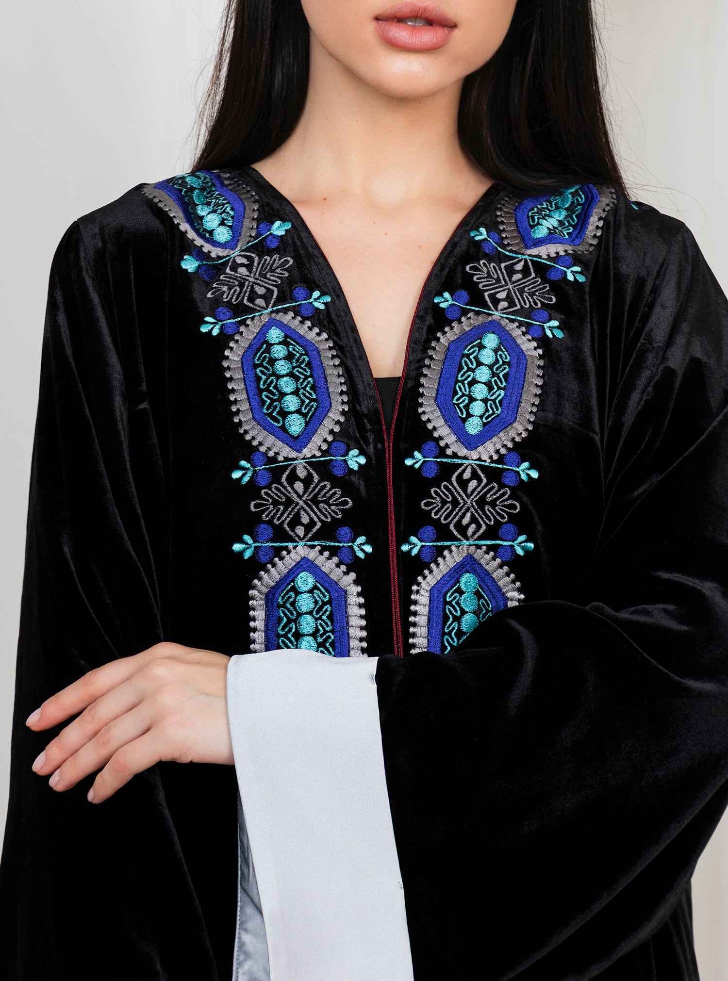 Stella-ABY031 – Black Velvet Abaya with Hand Embroidery & Satin-White Statement Sleeves