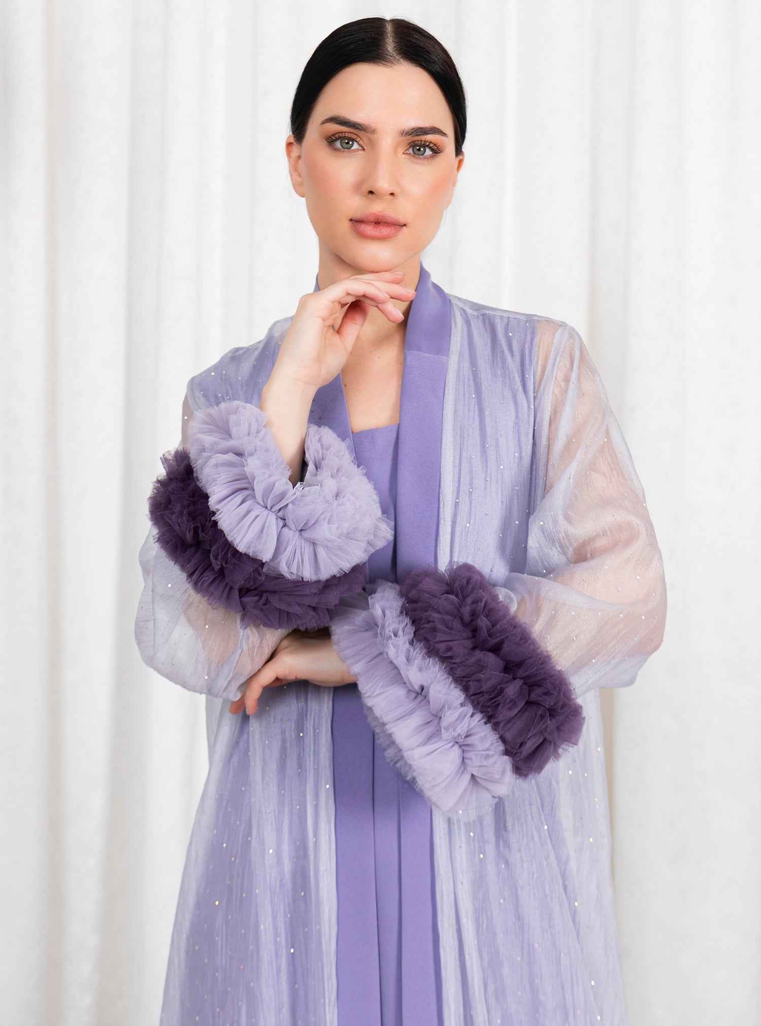 Lily-KTN035 – Two-Piece Lilac Abaya with Artful Feathered Sleeves & Sheer Elegant Overlay