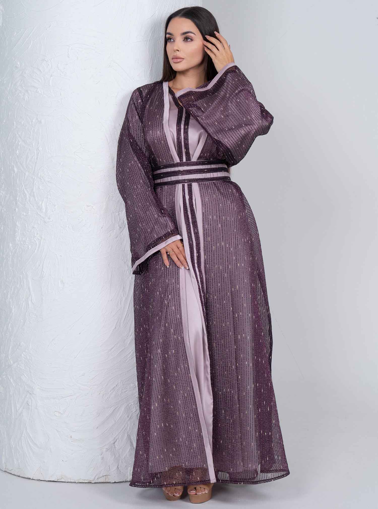 Plum KTN023 – Purple Silk Organza Moroccan Kaftan With Regal Satin Highlights