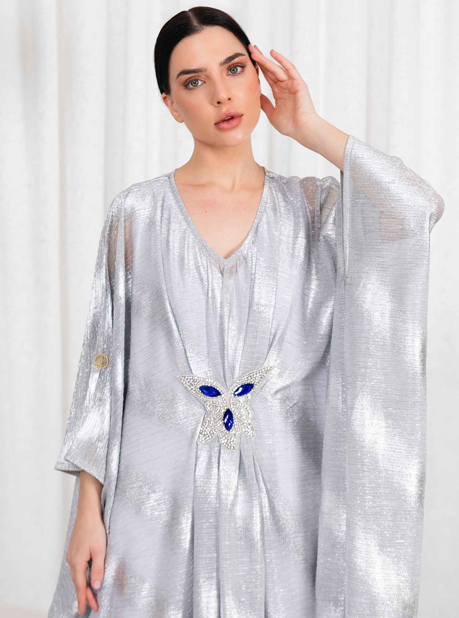 Metal-KTN045 – Silver Mesh Kaftan with Crystal-Embellished Waist Detail