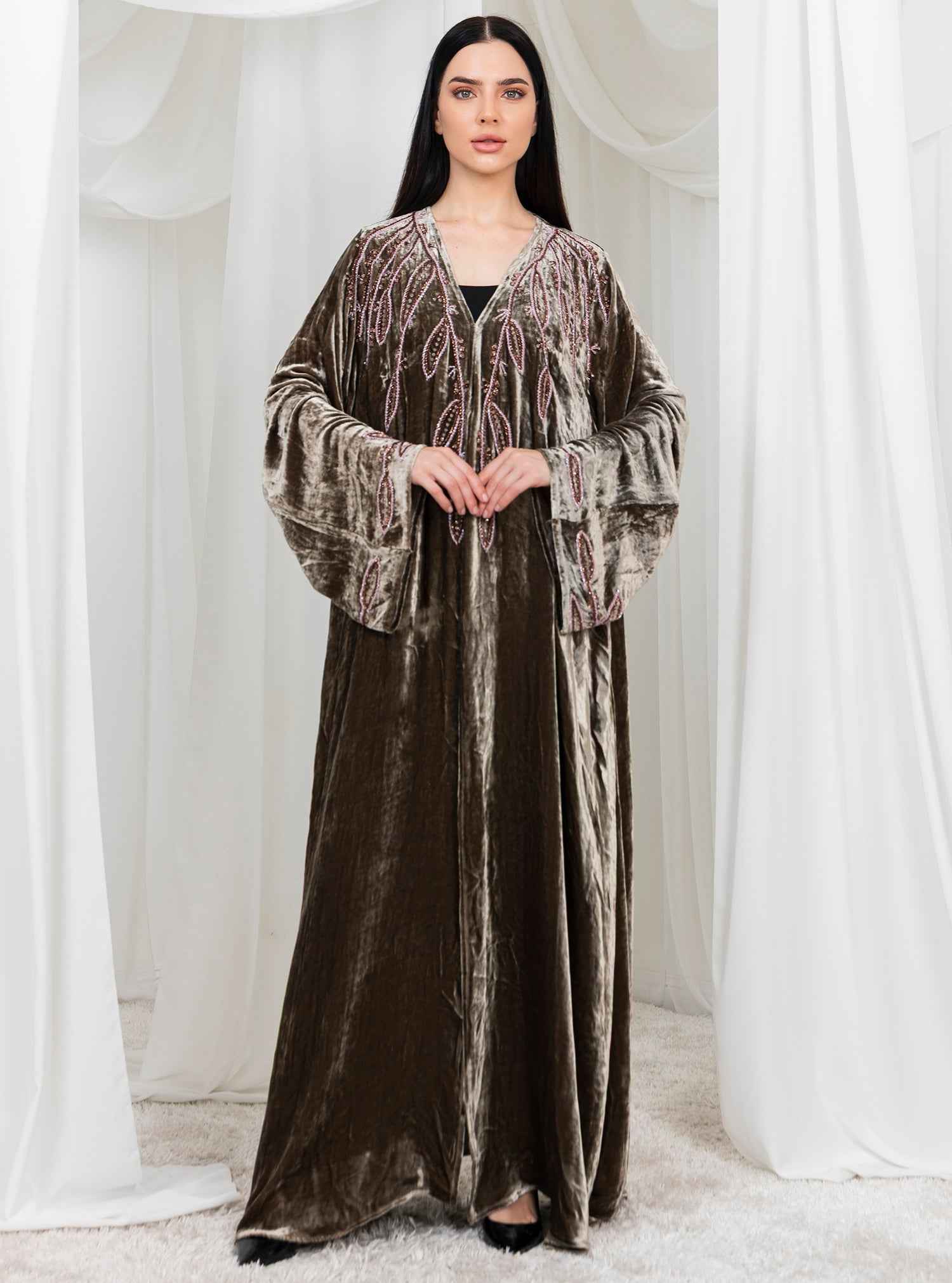 Opal-ABY040 – Hand-Embroidered Velvet Abaya with Exquisite Beadwork Accents