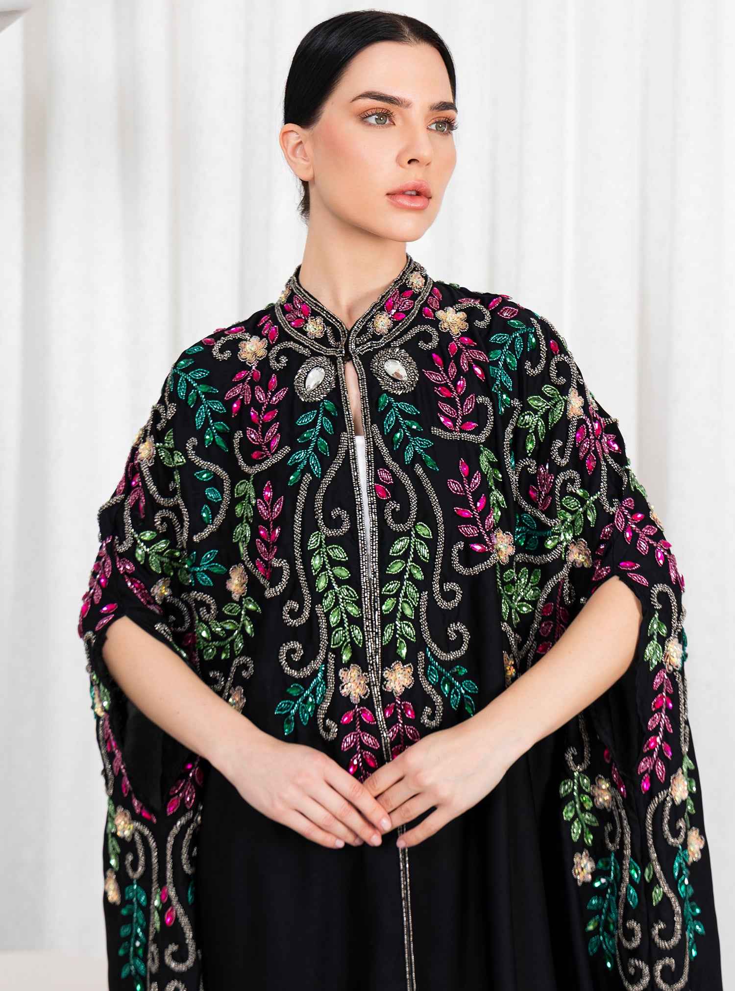 Bahar-ABY020 – Timeless Black Abaya with Masterful Multicolor Beadwork & Regal Cape Design