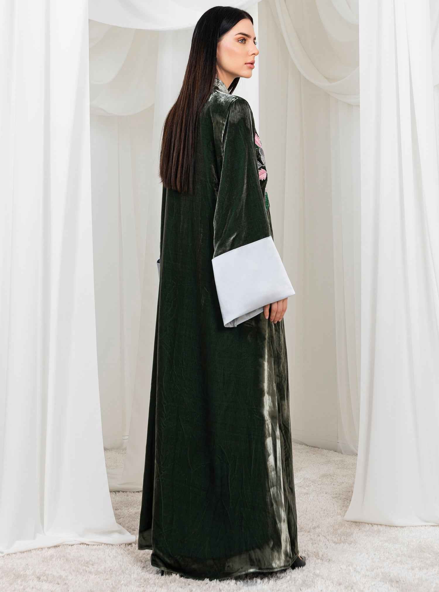 Peony-ABY029 – Olive Japanese Velvet Abaya with Intricate Peony Embroidery