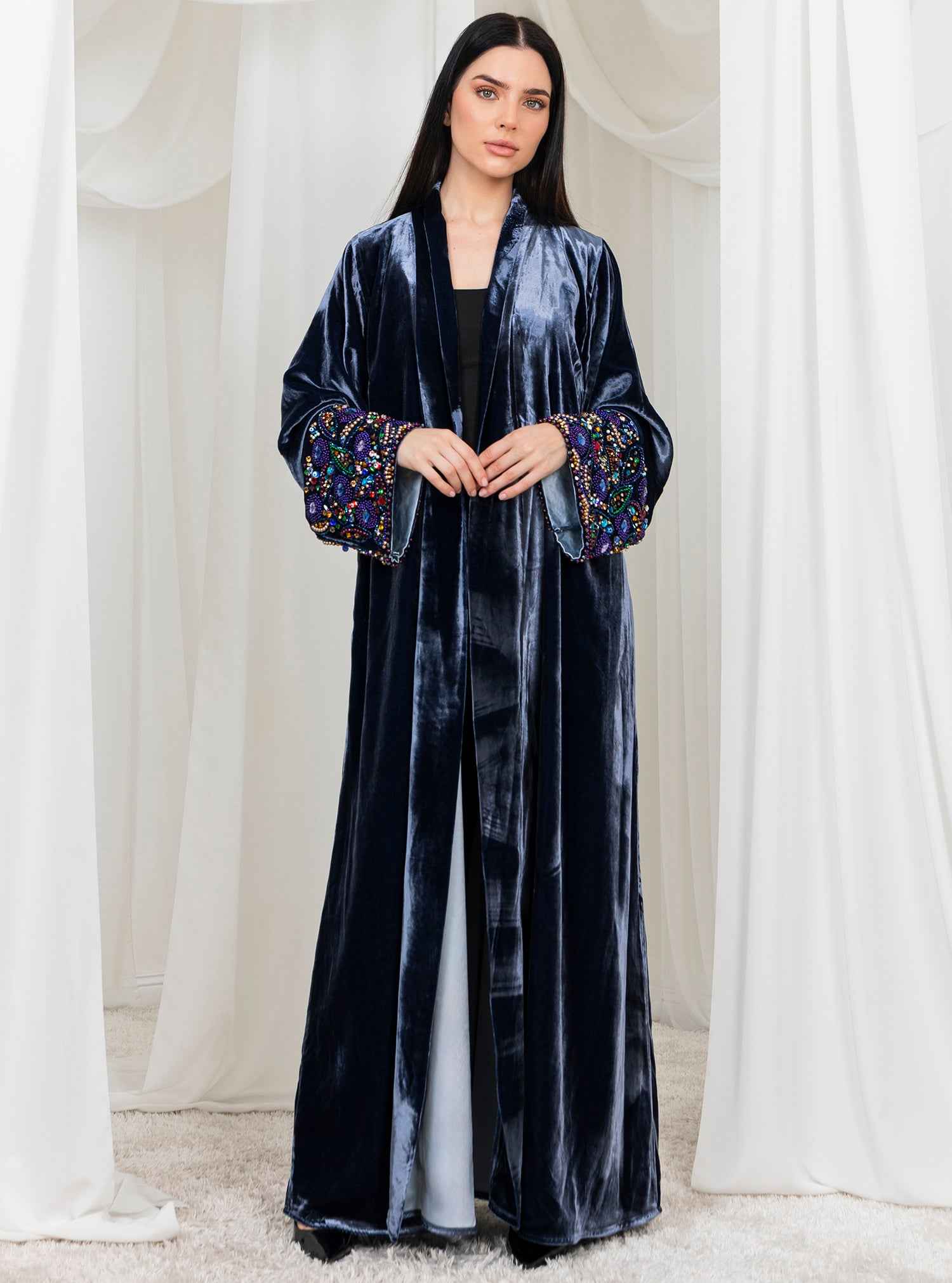 Bling-ABY039 – Ghost Grey Japanese Velvet Abaya with Hand-Embellished Beaded Sleeves