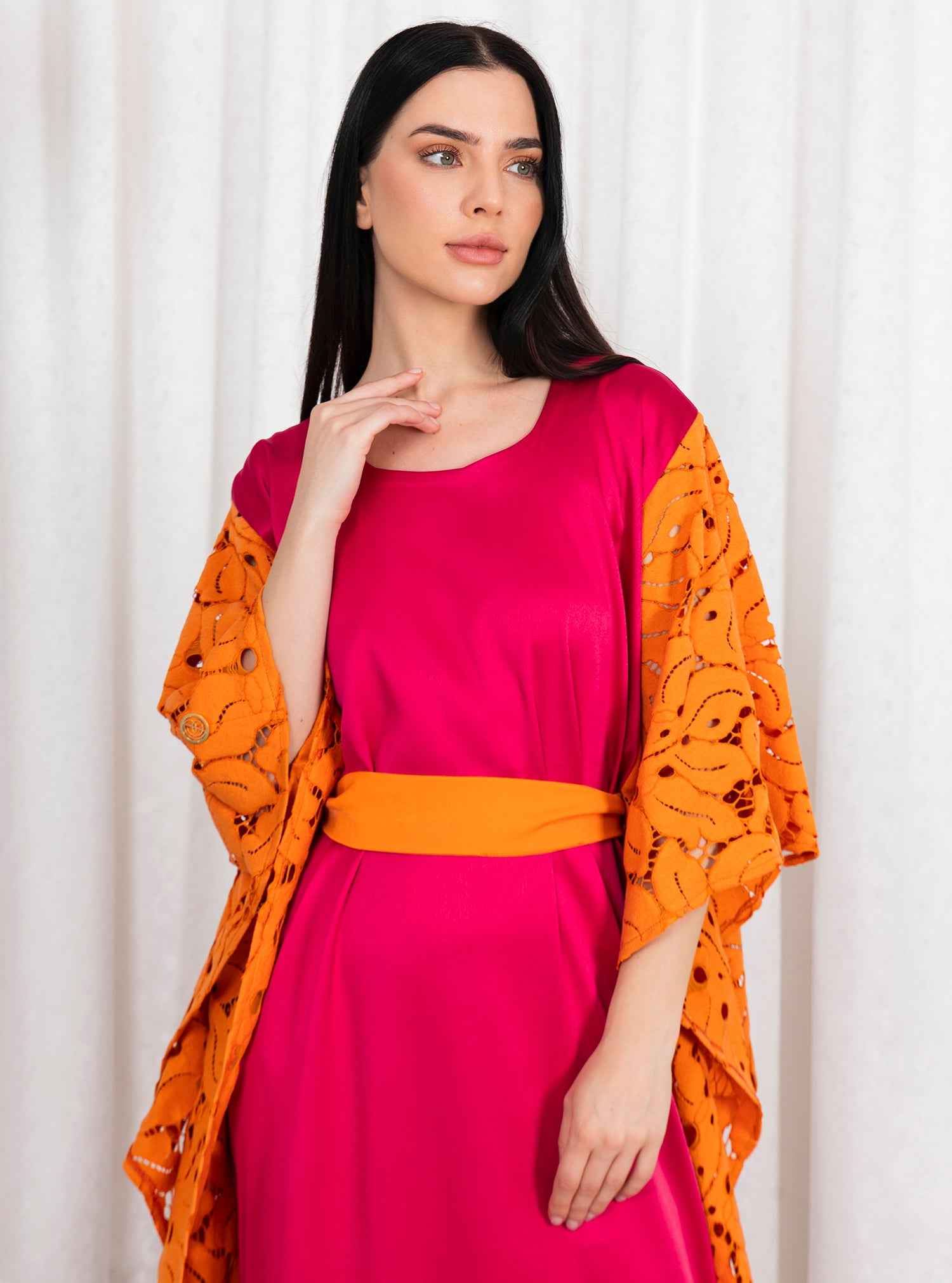 Mango-KTN034 – Vibrant Pink & Mango Silk Kaftan with Artistic Sleeves & Statement Belt