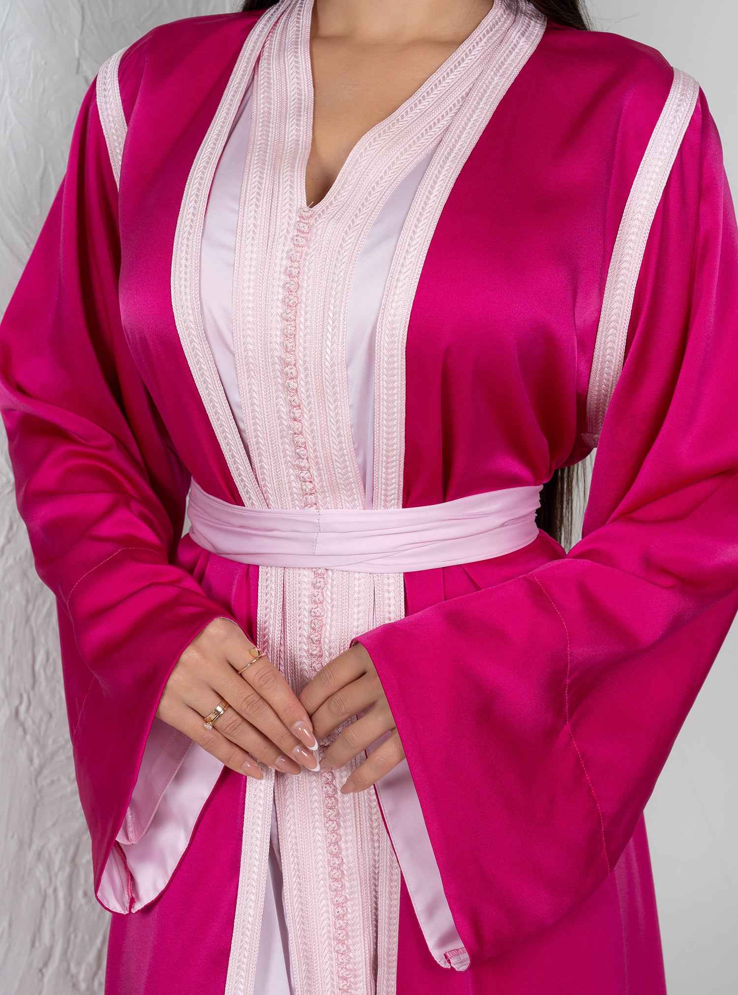 Flora KTN024 – Pink & Crimson Bahraini Silk Kaftan With Soft Blush Detailing