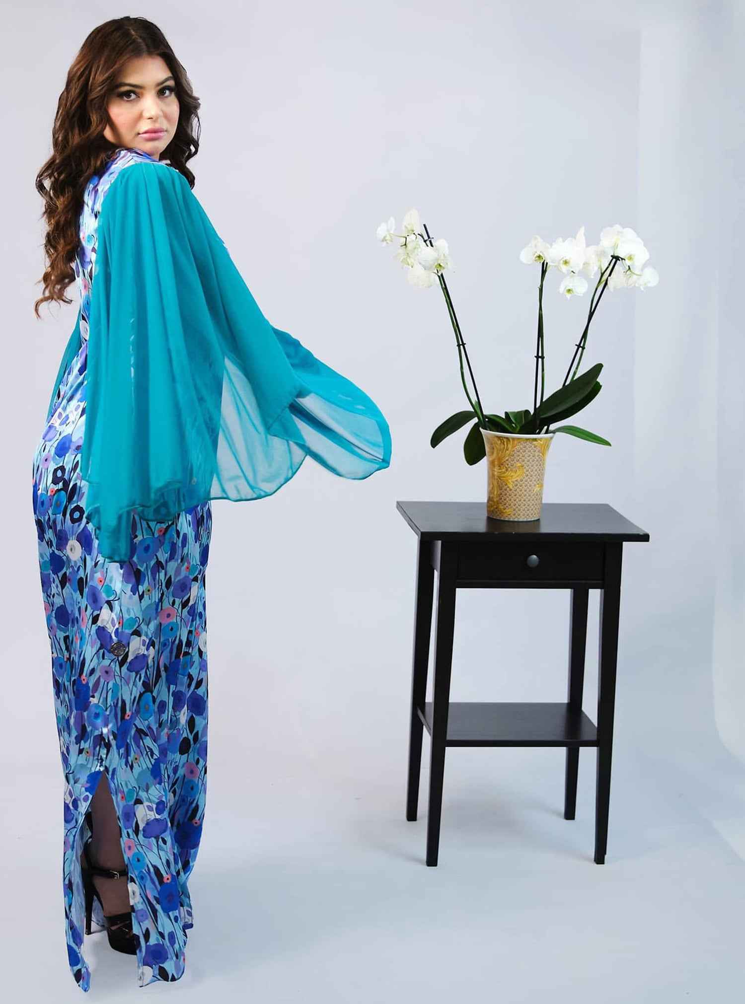 Blue-KTN011 – Vibrant Mukhawar with Flowing Cape Sleeves in Blue Tones