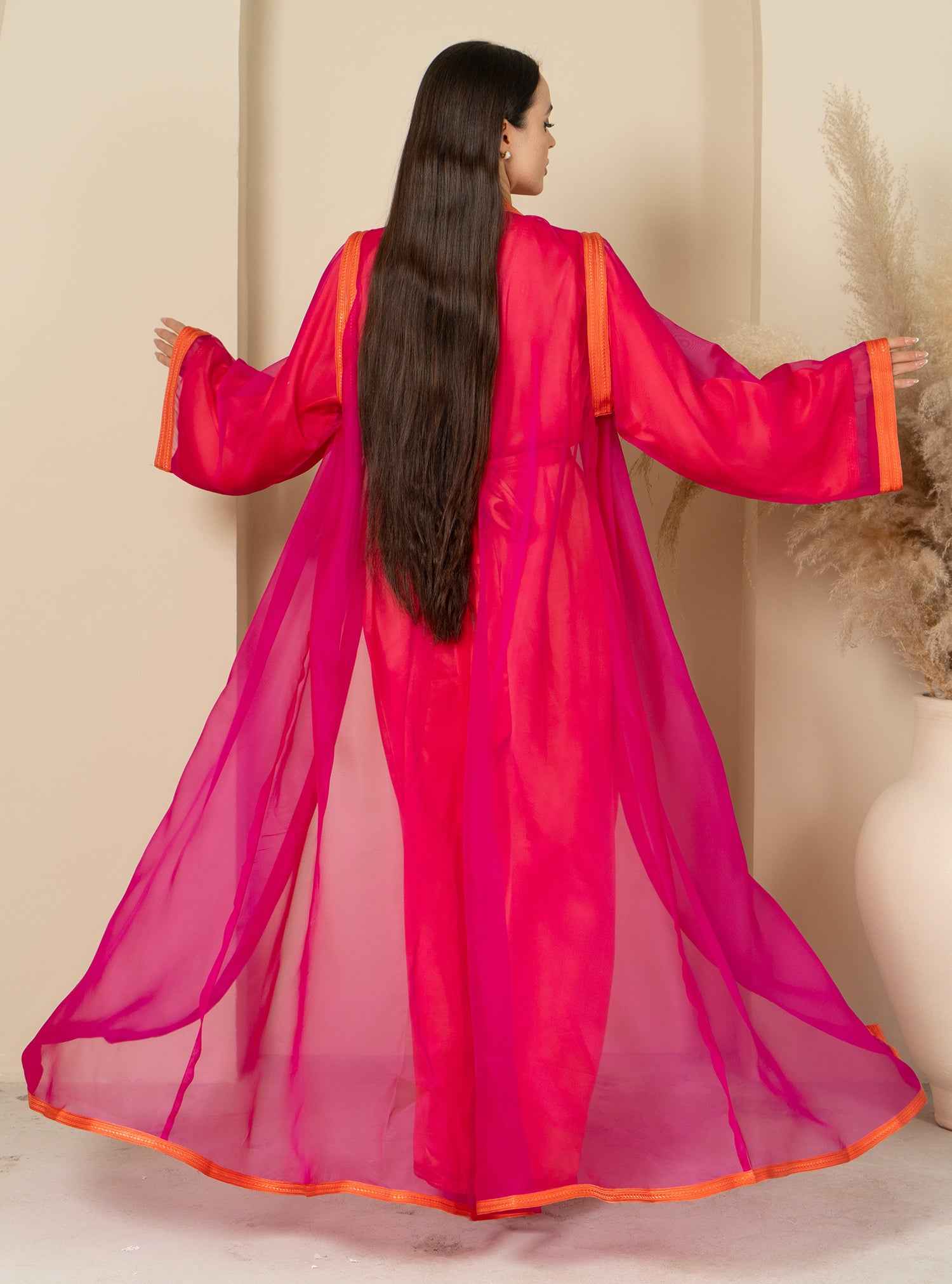 Flamat-KTN031 – Radiant Silk Moroccan Kaftan in Orange & Pink Fusion