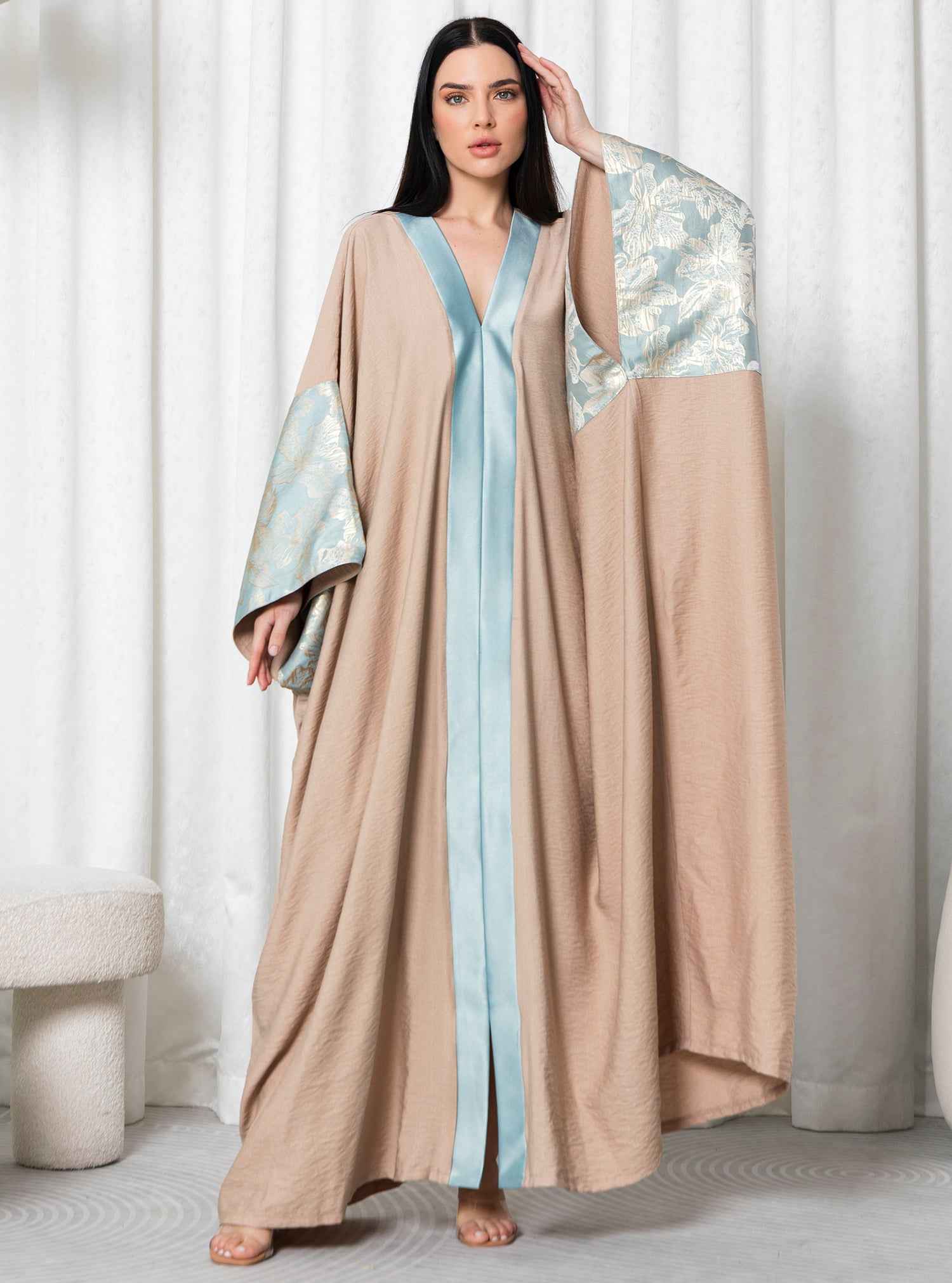 Aqua-KTN050 – Elegant Linen Kaftan with Serene Aqua Panels & Soft Embossed Sleeves