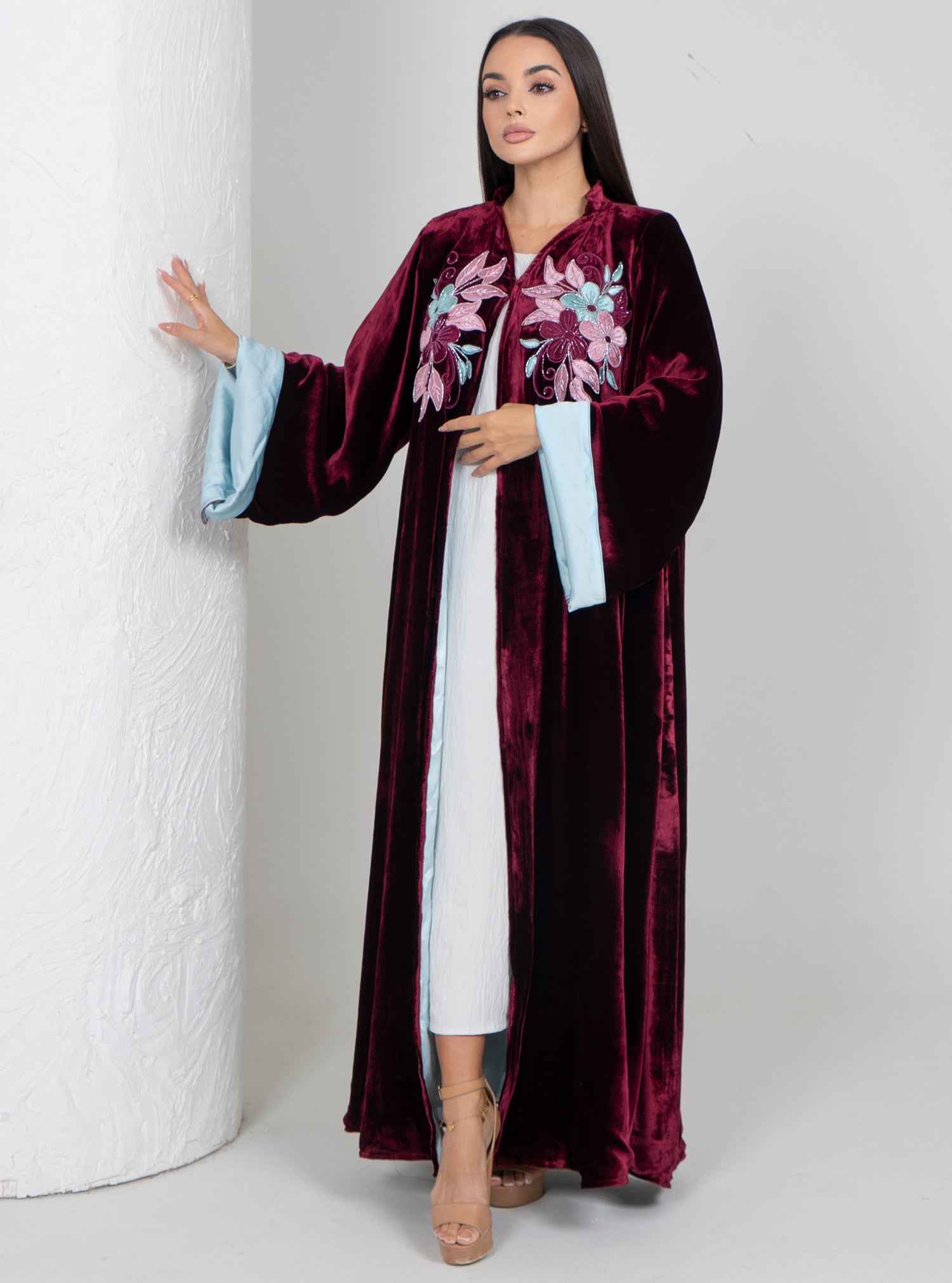 Garnet-ABY035 – Maroon Velvet Abaya with Sky-Blue Satin Lining & Floral Hand Embroidery