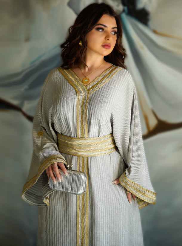 Silver-KTN019 - Sleek Silver Spandex Kaftan with Golden Detailing