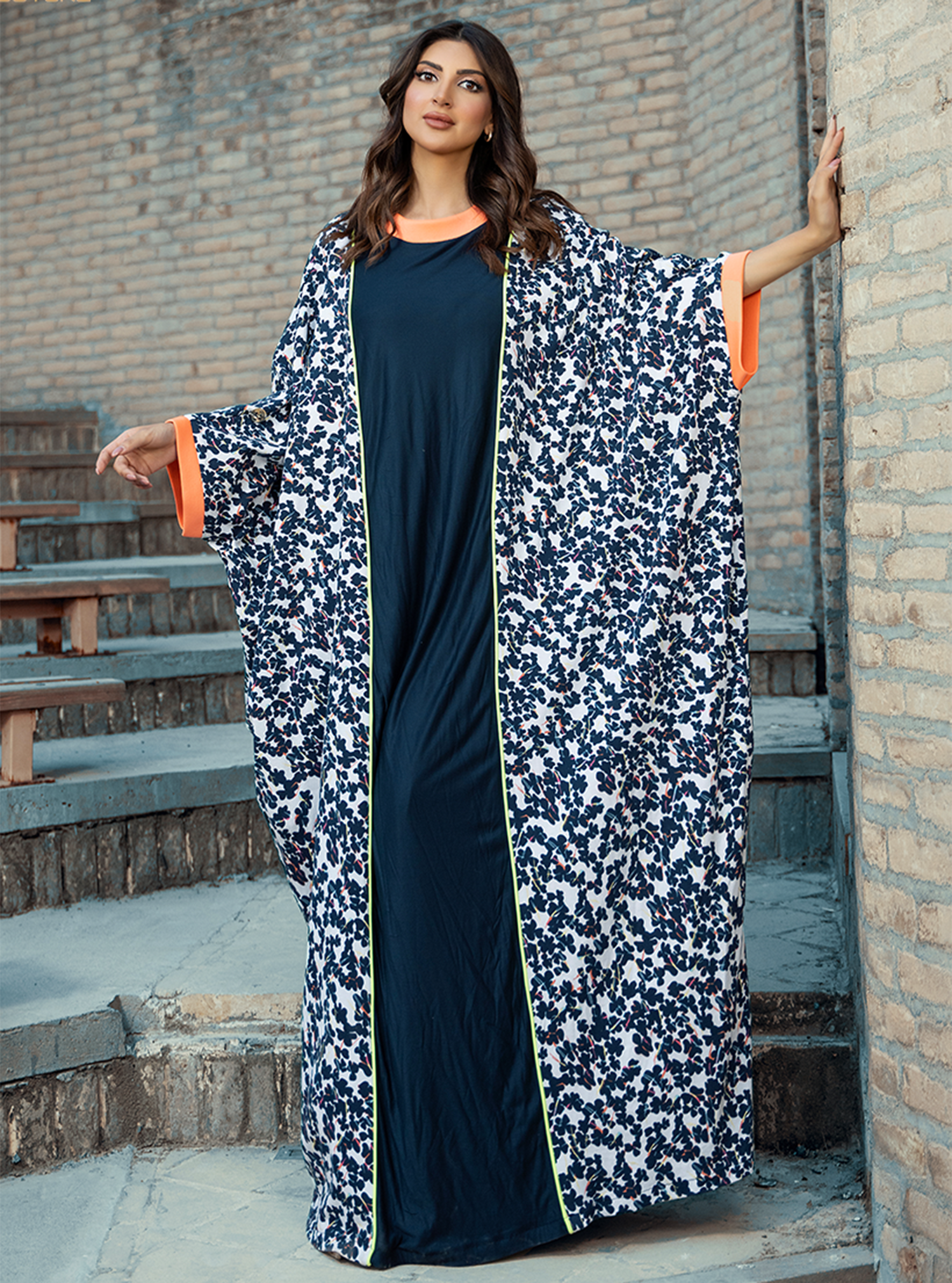 Navy-KTN021 – Vibrant Floral Jellabiya with Neon Green & Orange Accents - BAZZAZ COUTURE GARMENTS L.L.C