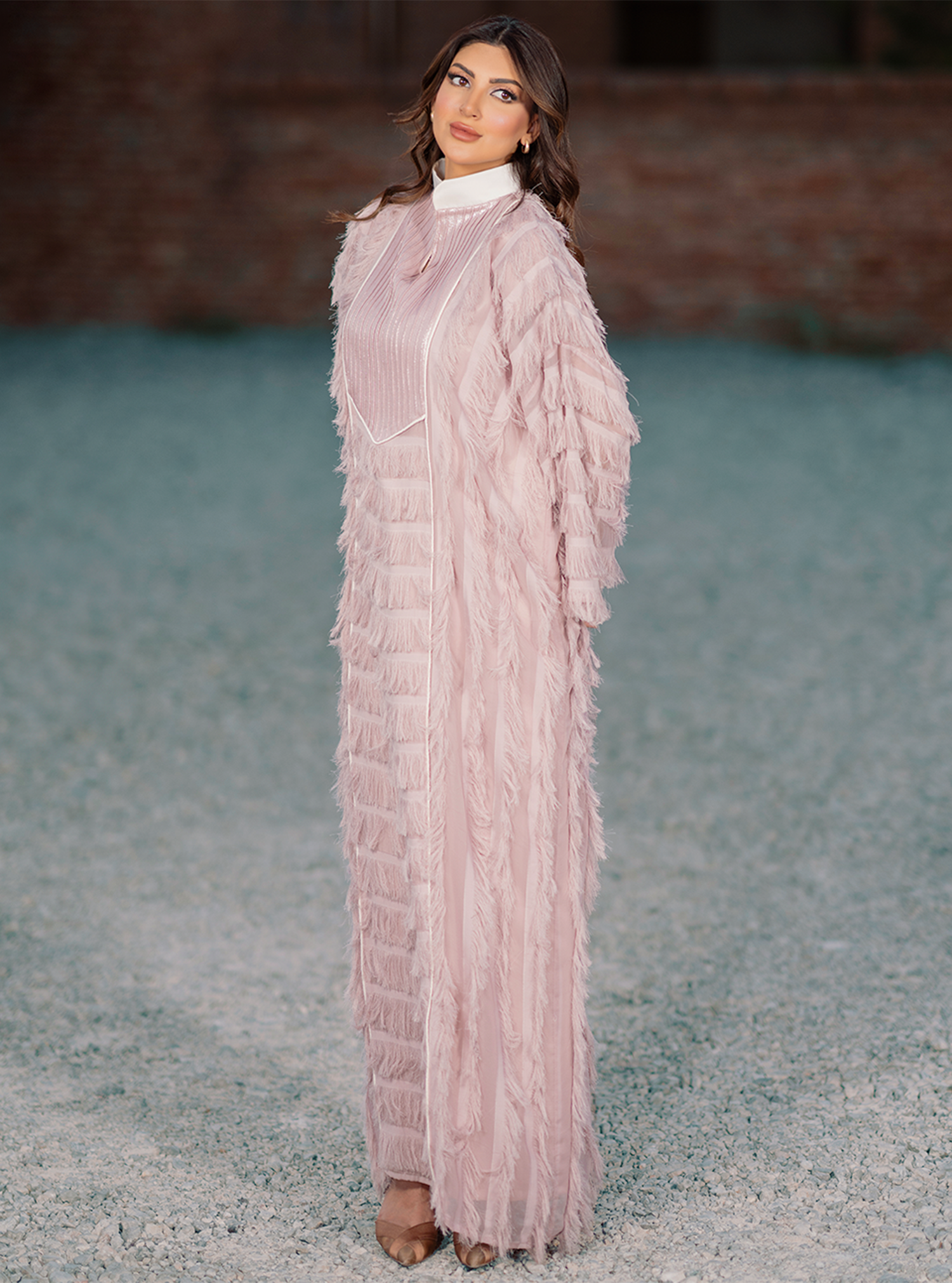 Blossom-KTN020 – Elegant Pink Jalabiya with Fringe Layers & Glossy Collar - BAZZAZ COUTURE GARMENTS L.L.C