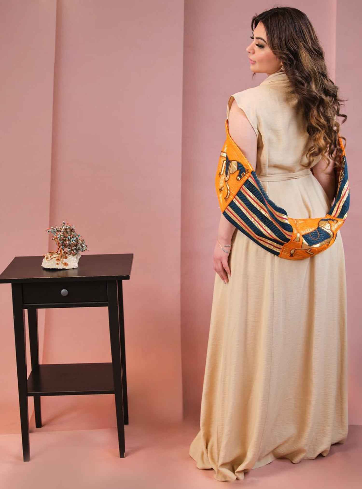 Khaki-KTN015 – Elegant Linen Dress with Artistic Handcrafted Sleeve Fl –  BAZZAZ COUTURE