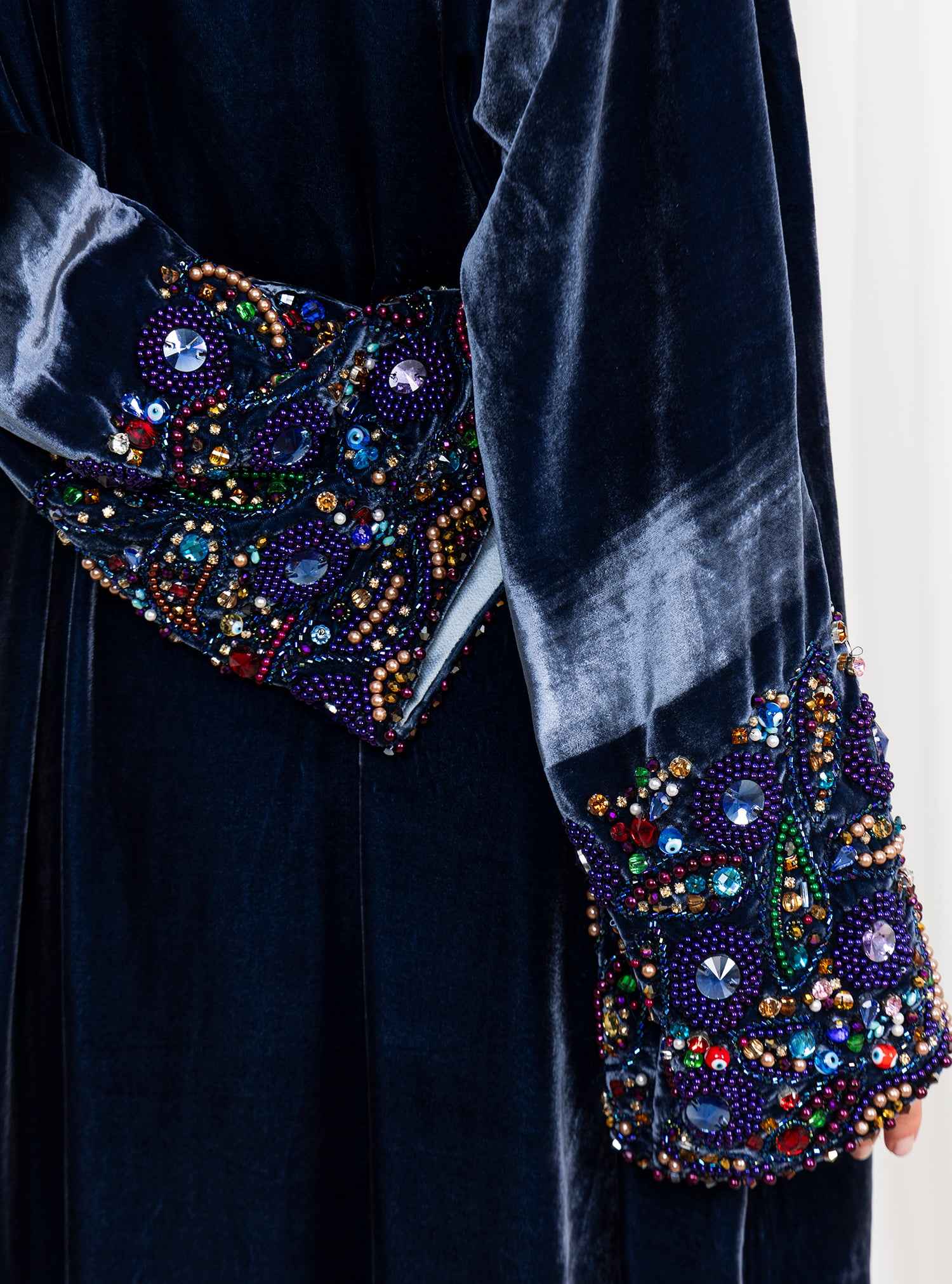 Bling-ABY039 – Ghost Grey Japanese Velvet Abaya with Hand-Embellished Beaded Sleeves