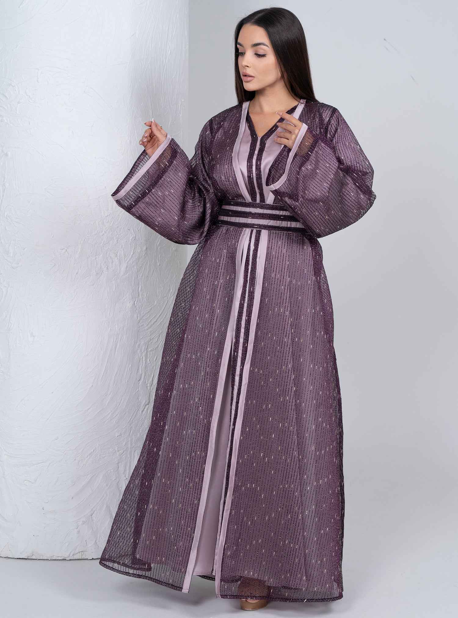 Plum KTN023 – Purple Silk Organza Moroccan Kaftan With Regal Satin Highlights