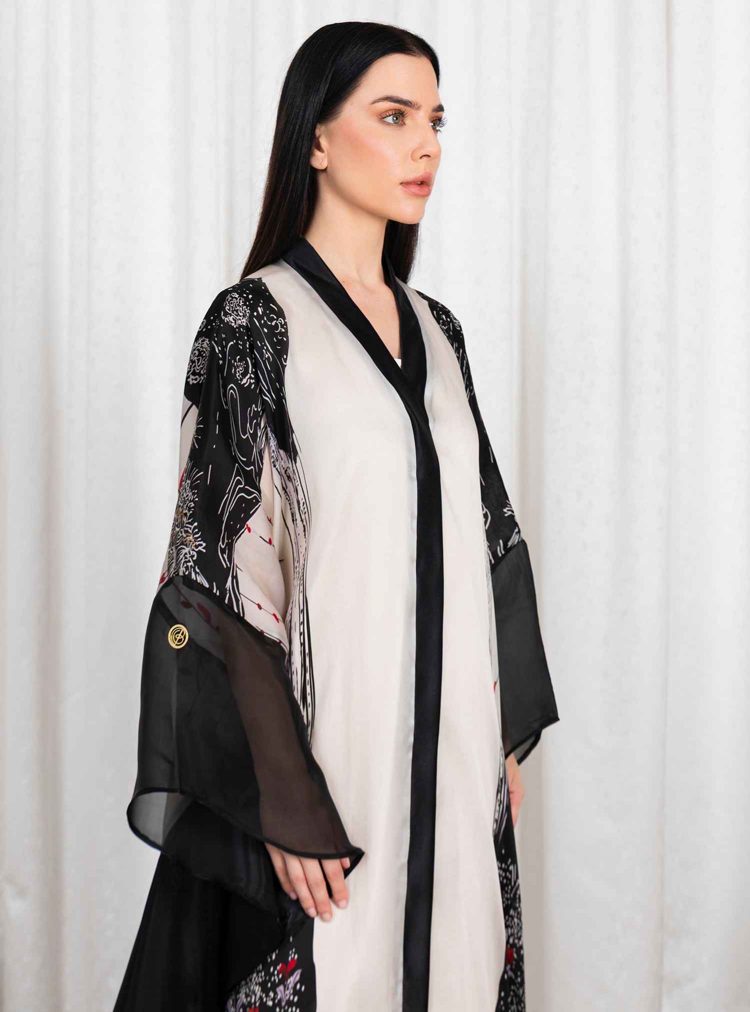 Skipper-KTN033 – Black & White Italian Organza Abaya with Artistic Draped Sleeves