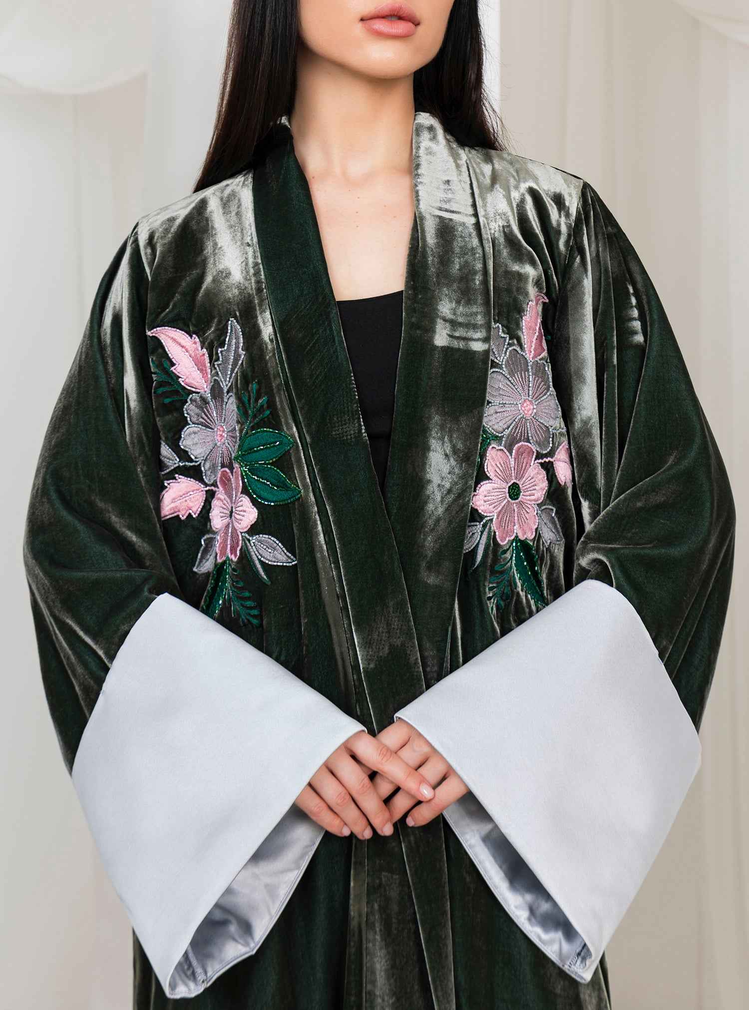 Peony-ABY029 – Olive Japanese Velvet Abaya with Intricate Peony Embroidery
