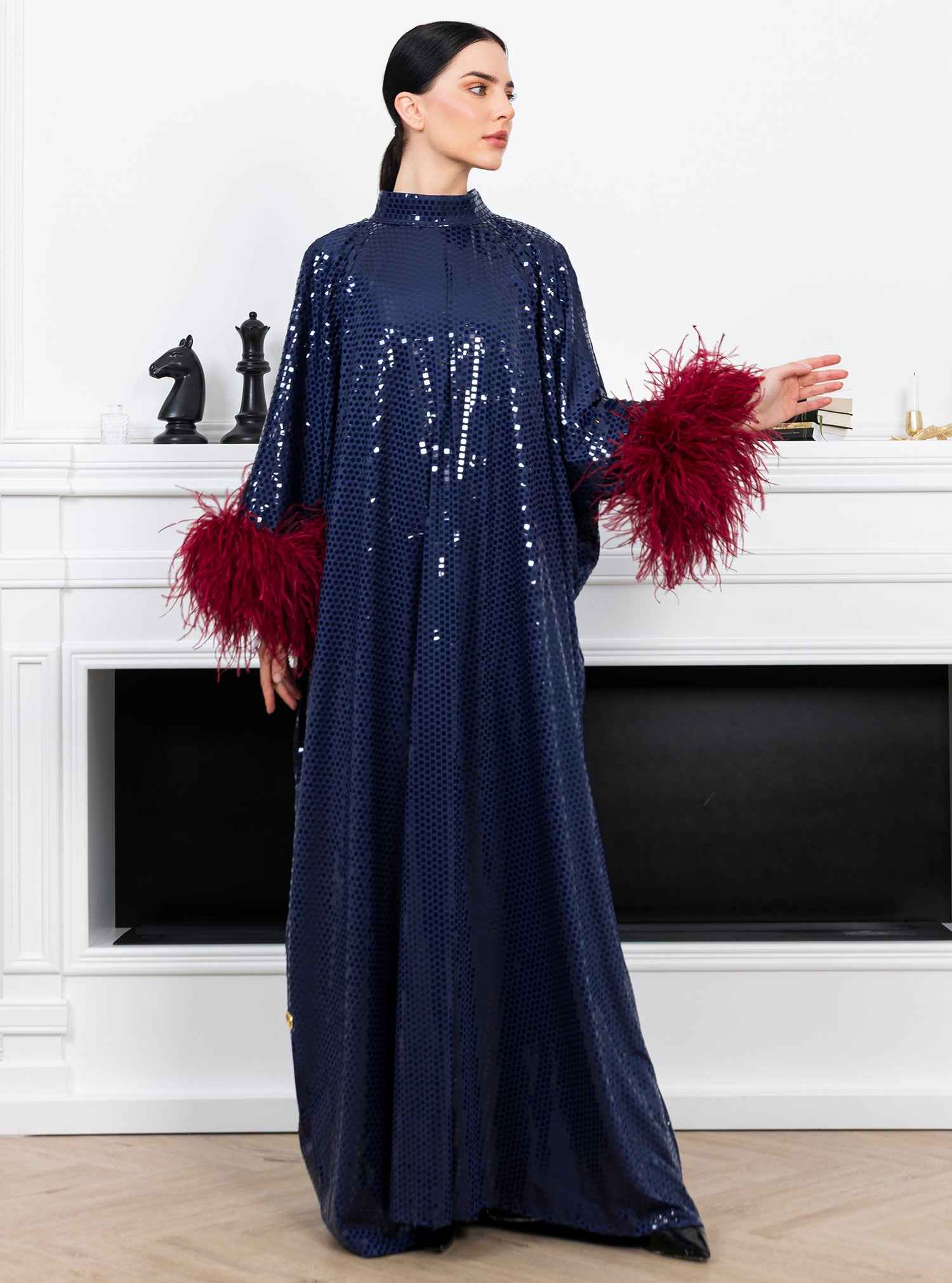 sequin kaftan dress Berry-KTN036 – Navy Sequin Kaftan with Luxe Feather Detailing – BAZZAZ COUTURE
