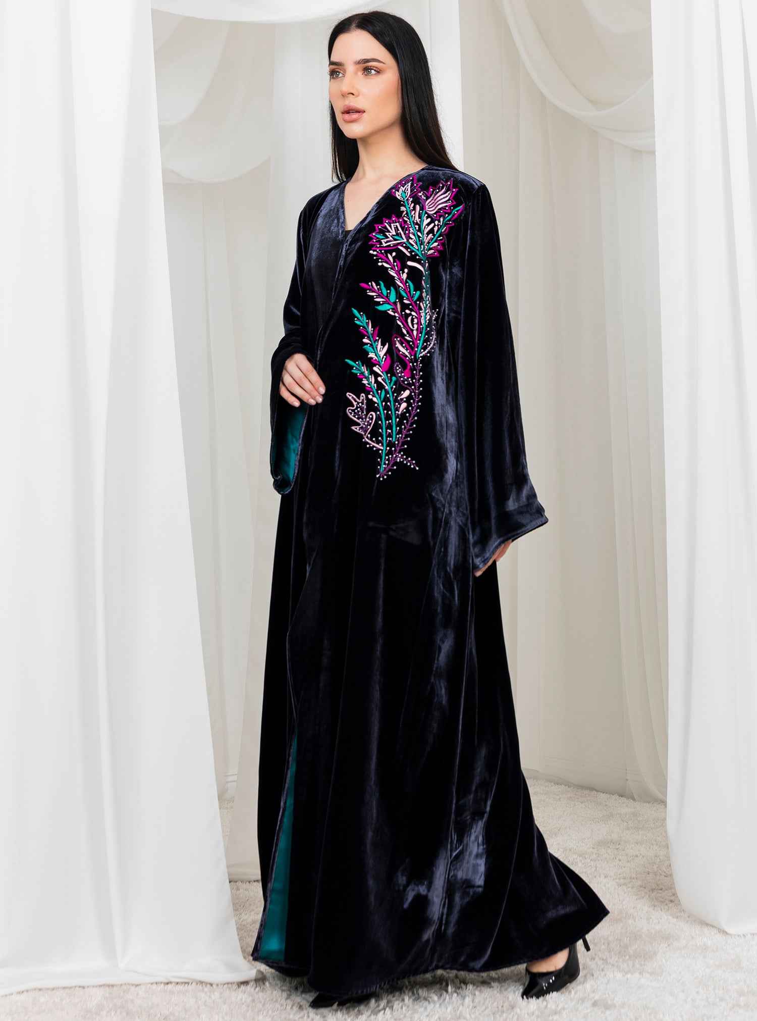 Fayrouz-ABY042 – Black Velvet Abaya with Refined Silk Thread Embroidery