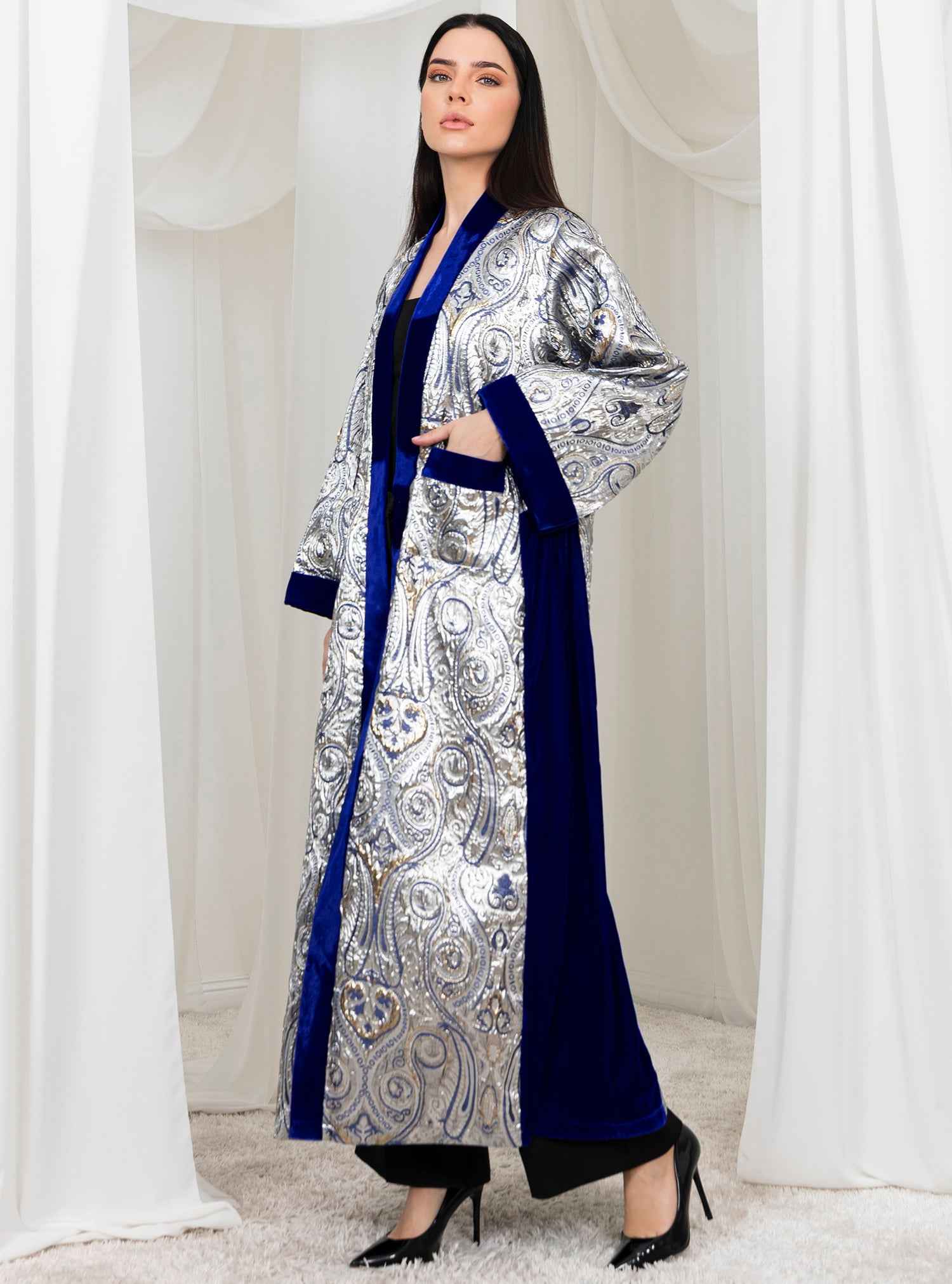 Dusk-ABY037 – Silver Jacquard Abaya with Royal Blue Accents