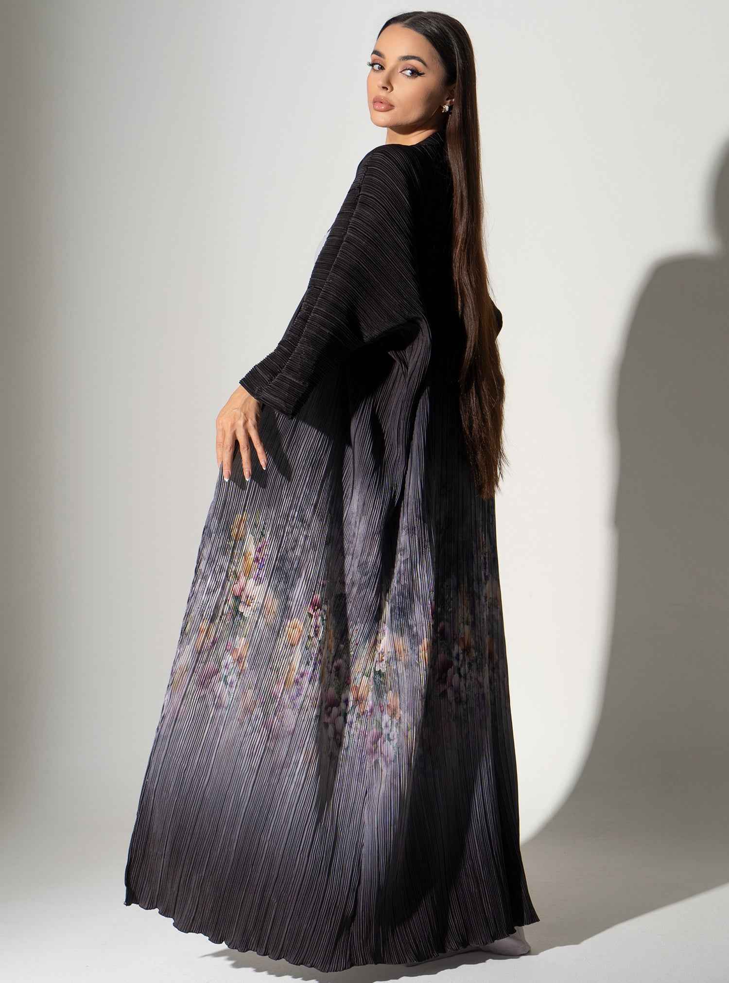 Rustic-ABY032 – Two-Piece Pleated Abaya with Artistic Engraved Floral Detailing