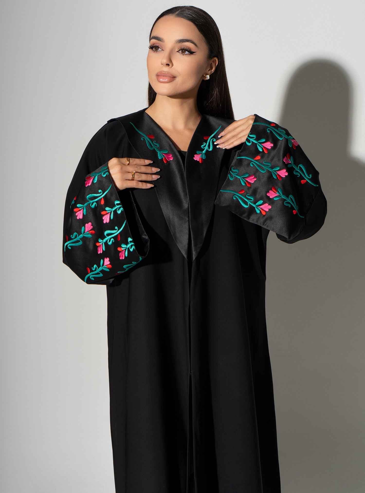 Lalazar-ABY024 – Black Abaya with Elegant Floral Embroidered Cuffs