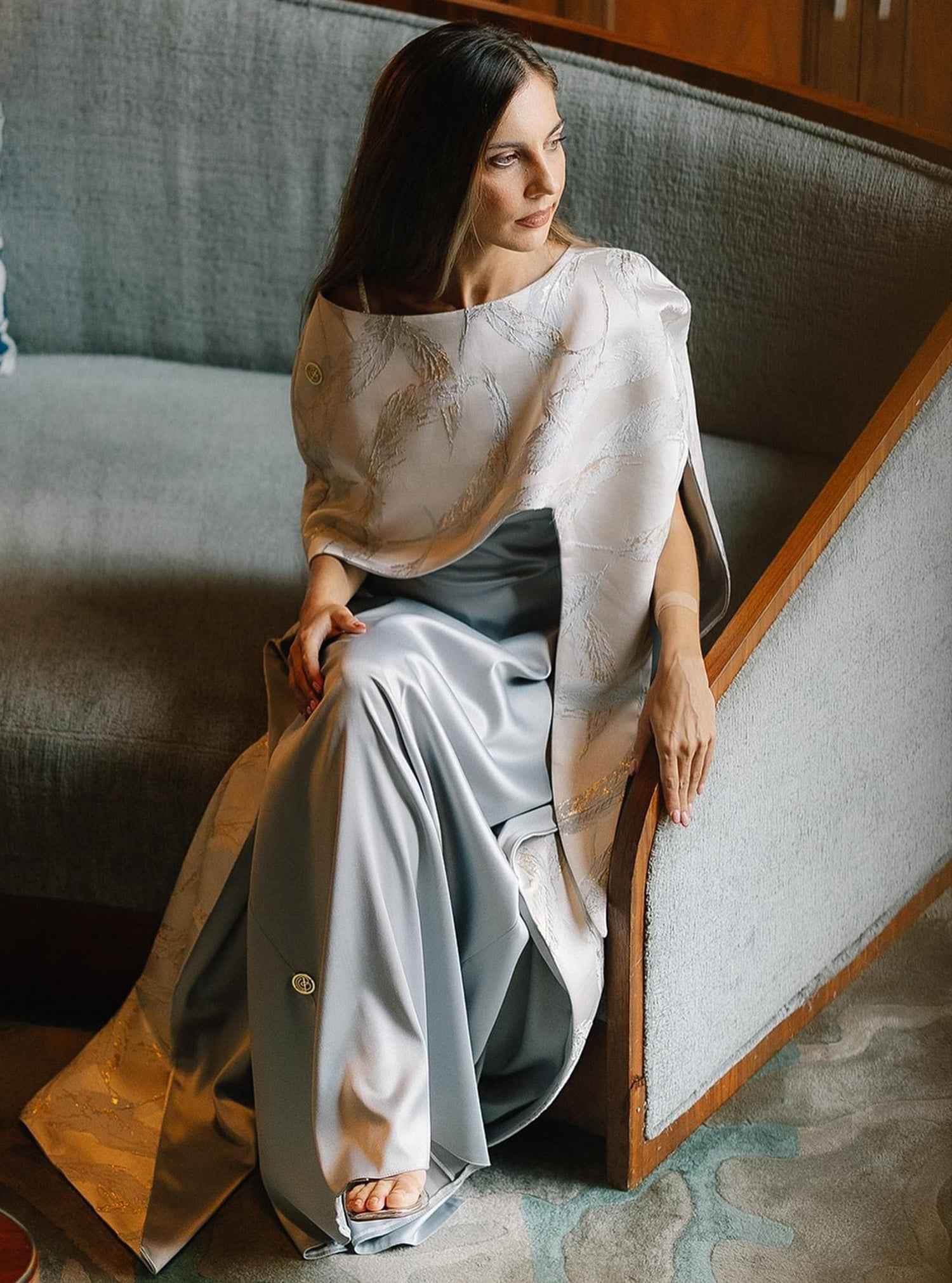 Dolphin-DRS005 – Elegant Grey 2-Piece Satin Dress with Detachable Cape