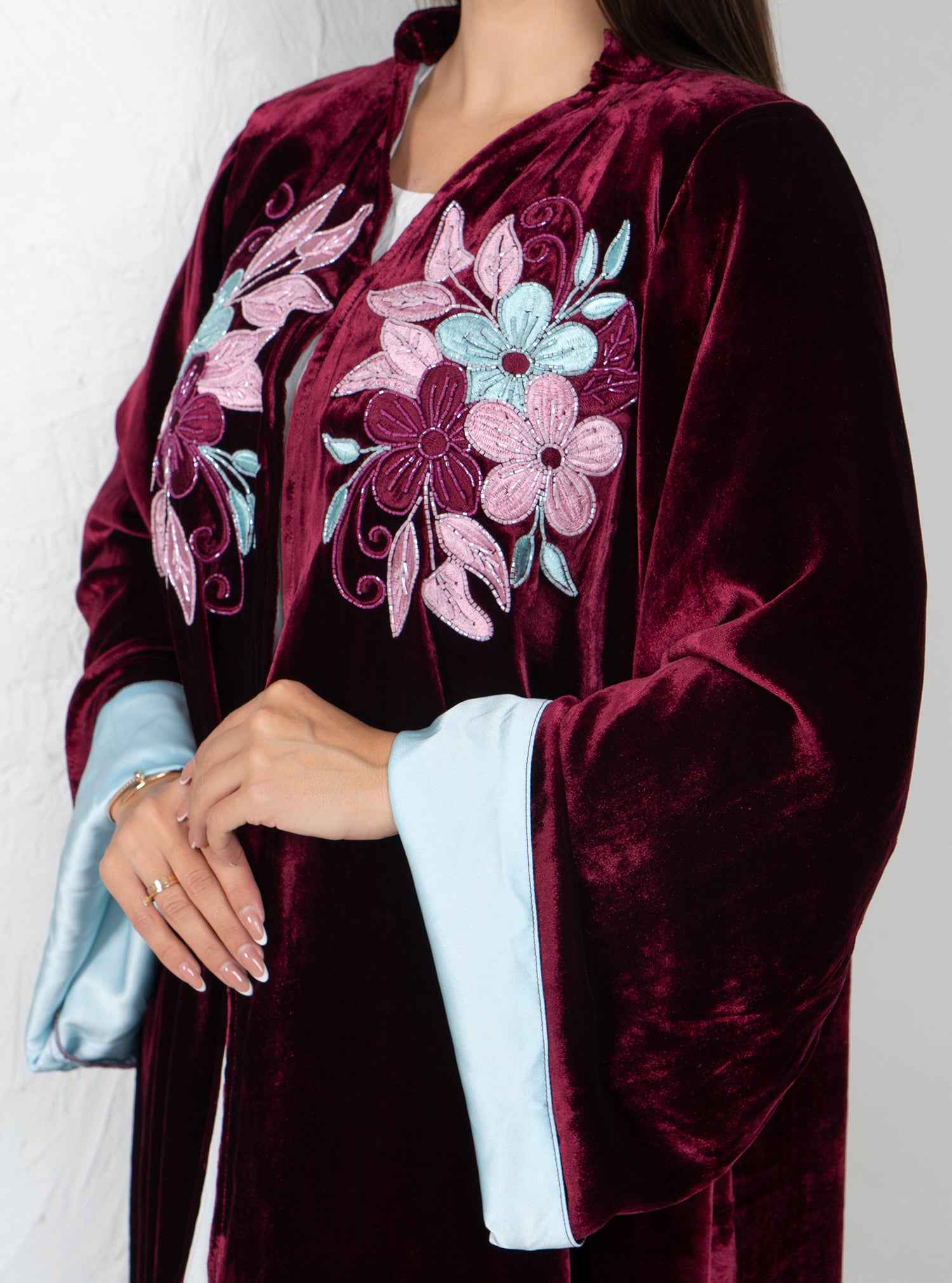 Garnet-ABY035 – Maroon Velvet Abaya with Sky-Blue Satin Lining & Floral Hand Embroidery