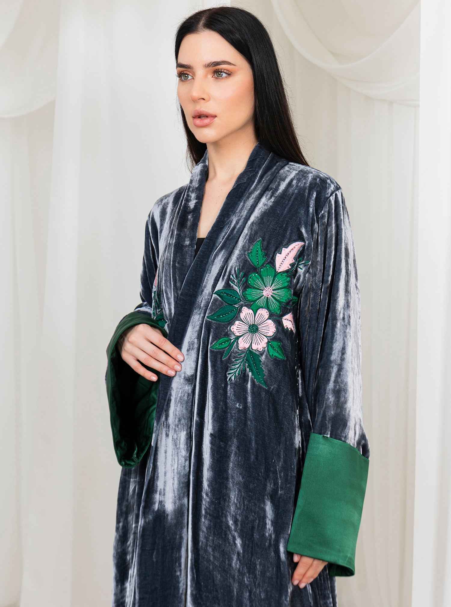 Sable-ABY028 – Grey Japanese Velvet Abaya with Intricate Front Embroidery