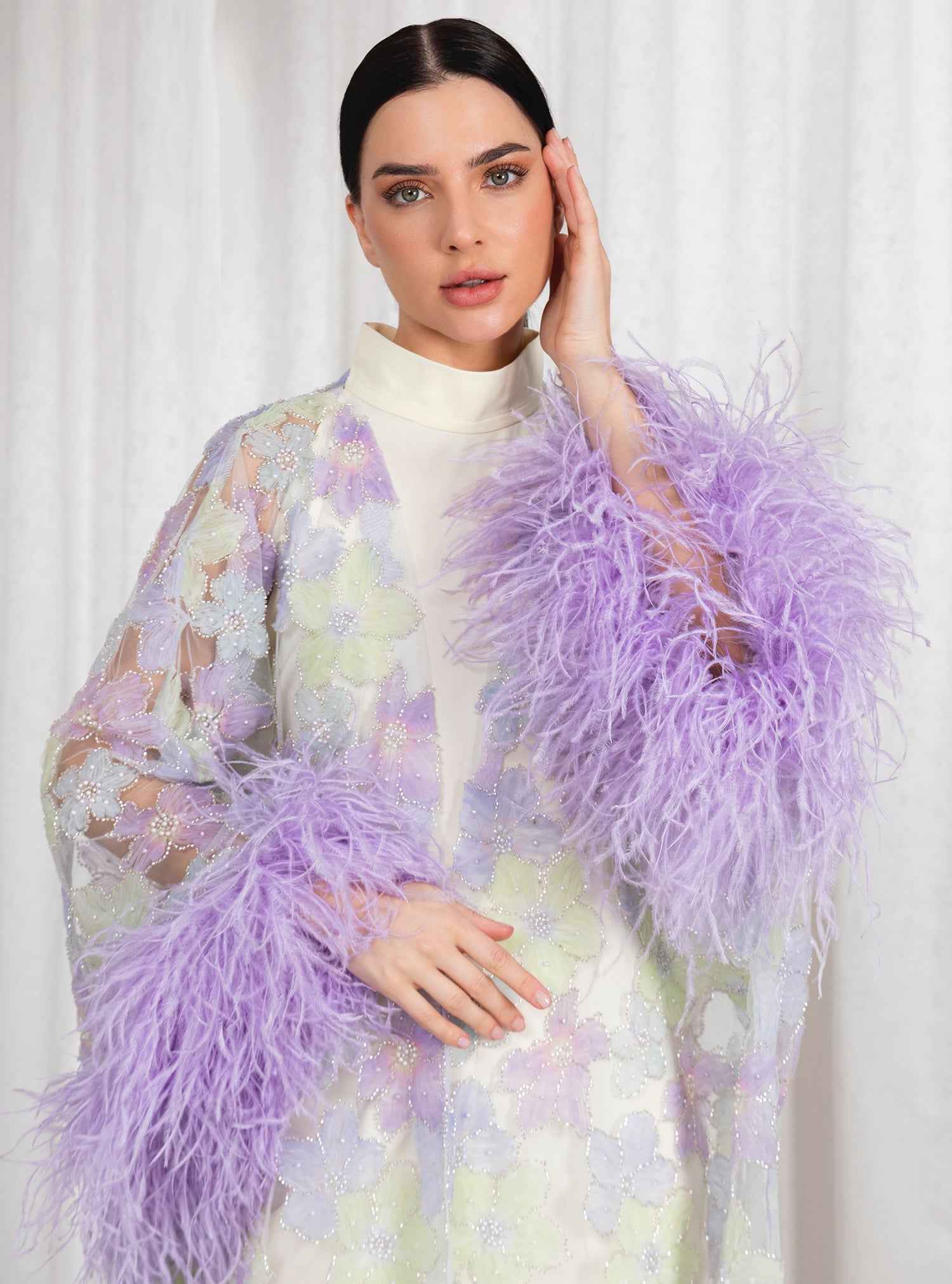 Orchid-KTN042 – Chantilly Lace Two-Piece Caftan with Luxurious Italian Silk