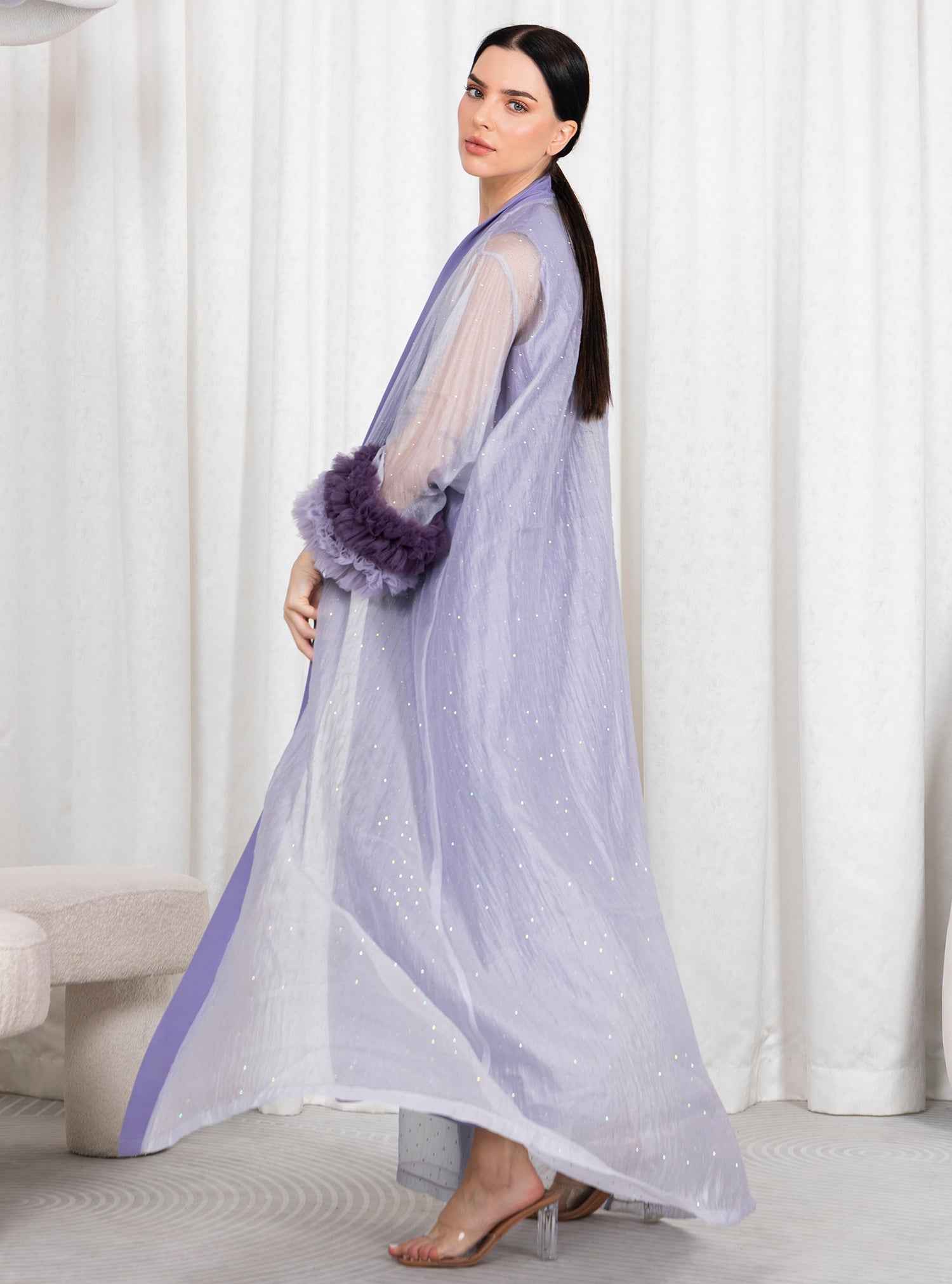 Lily-KTN035 – Two-Piece Lilac Abaya with Artful Feathered Sleeves & Sheer Elegant Overlay