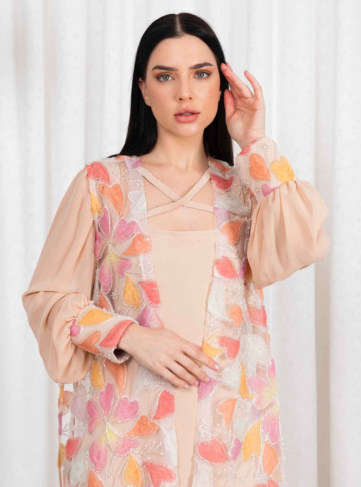 Coral-KTN043 – Peach Italian Silk Two-Piece Caftan with Soft Chantilly Lace