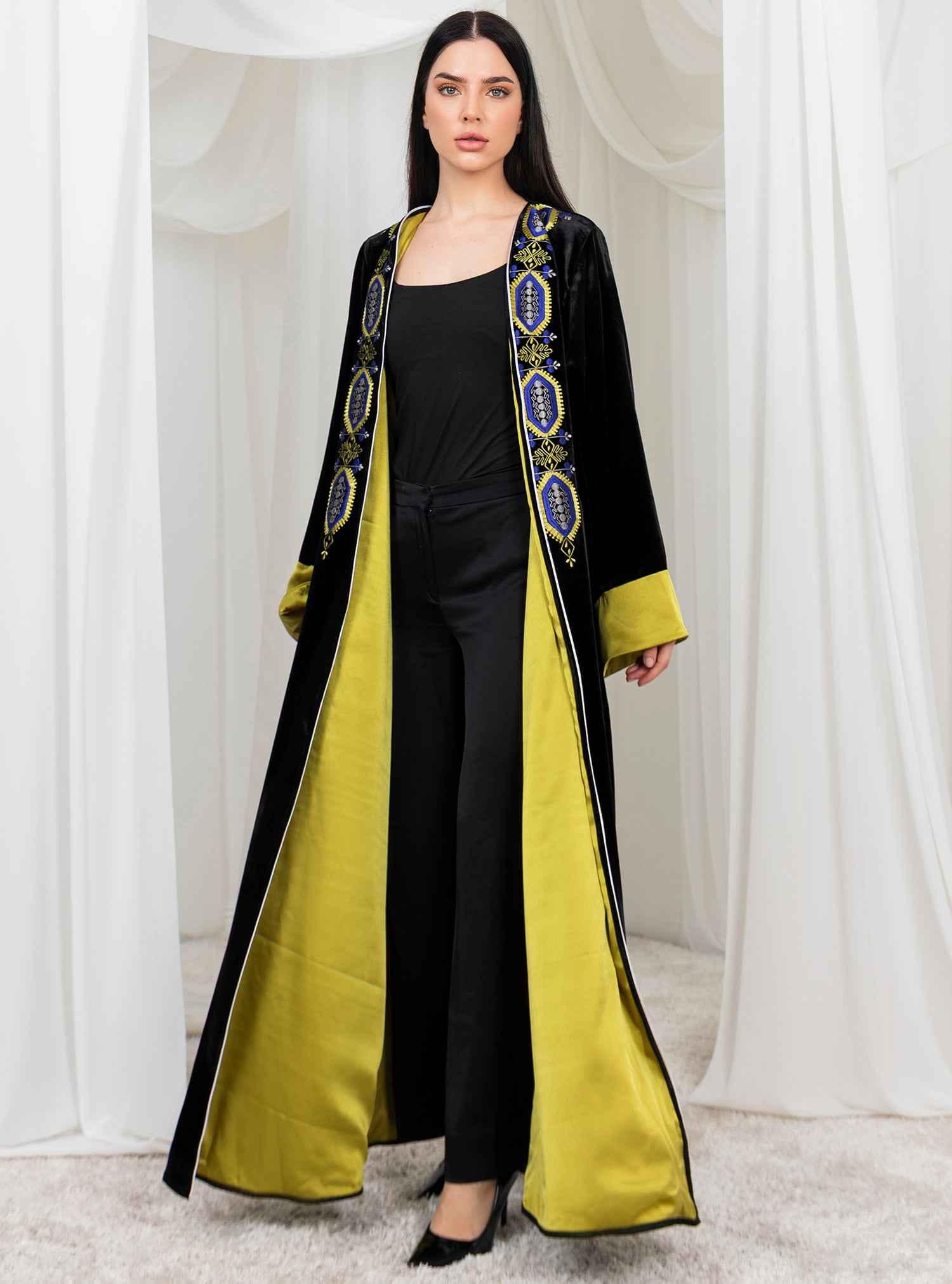 Canary-ABY030 – Velvet Abaya with Satin Sleeves & Handcrafted Embellished Details