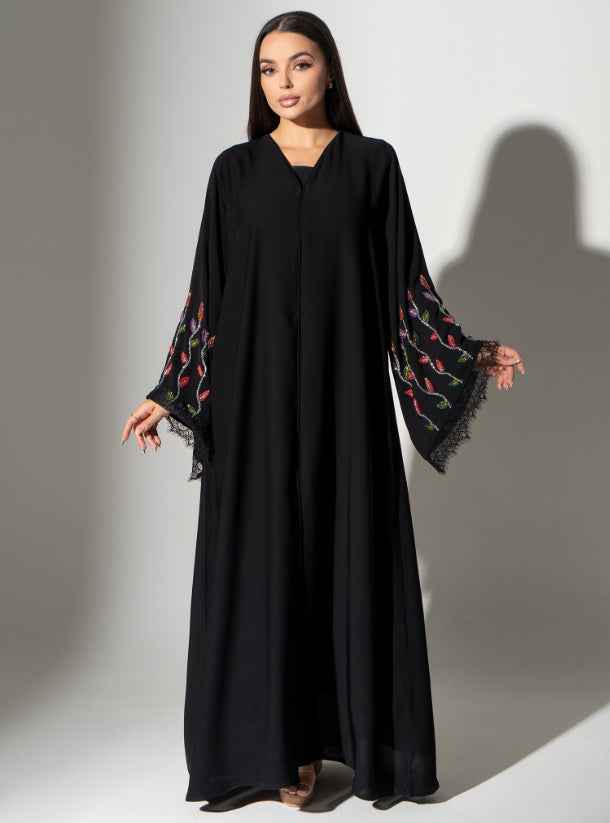 Sapphire-ABY025 – Black Japanese Crepe Abaya with Multicolor Handwork & Matching Headscarf