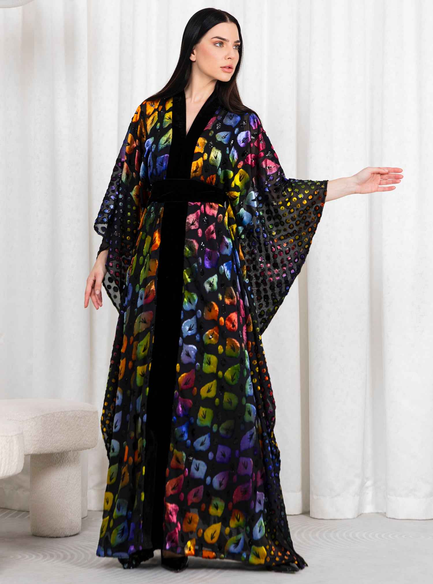 Galaxy-KTN047 – Black Chiffon Velvet Kaftan with Cosmic Bloom Embroidery