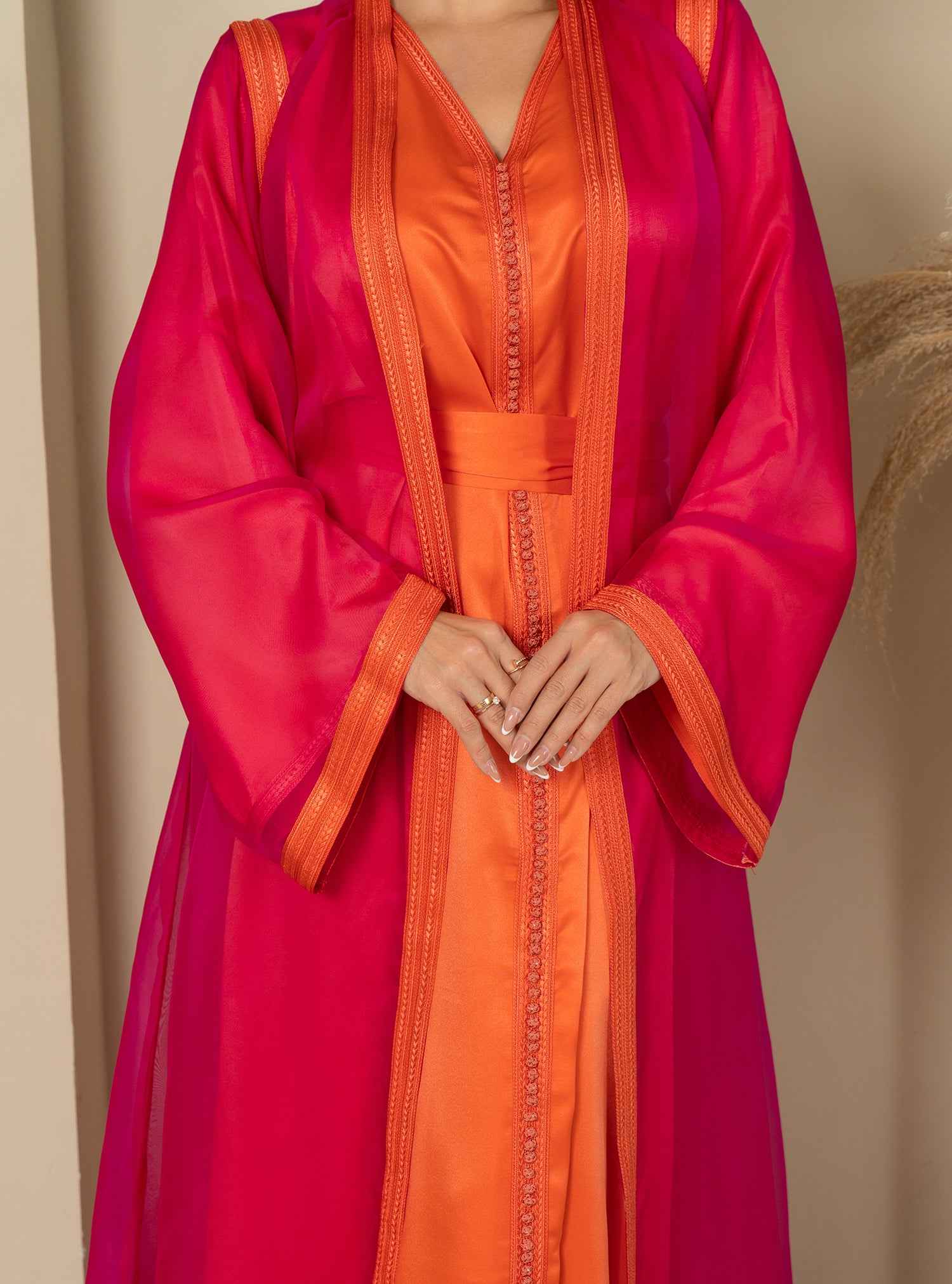 Flamat-KTN031 – Radiant Silk Moroccan Kaftan in Orange & Pink Fusion