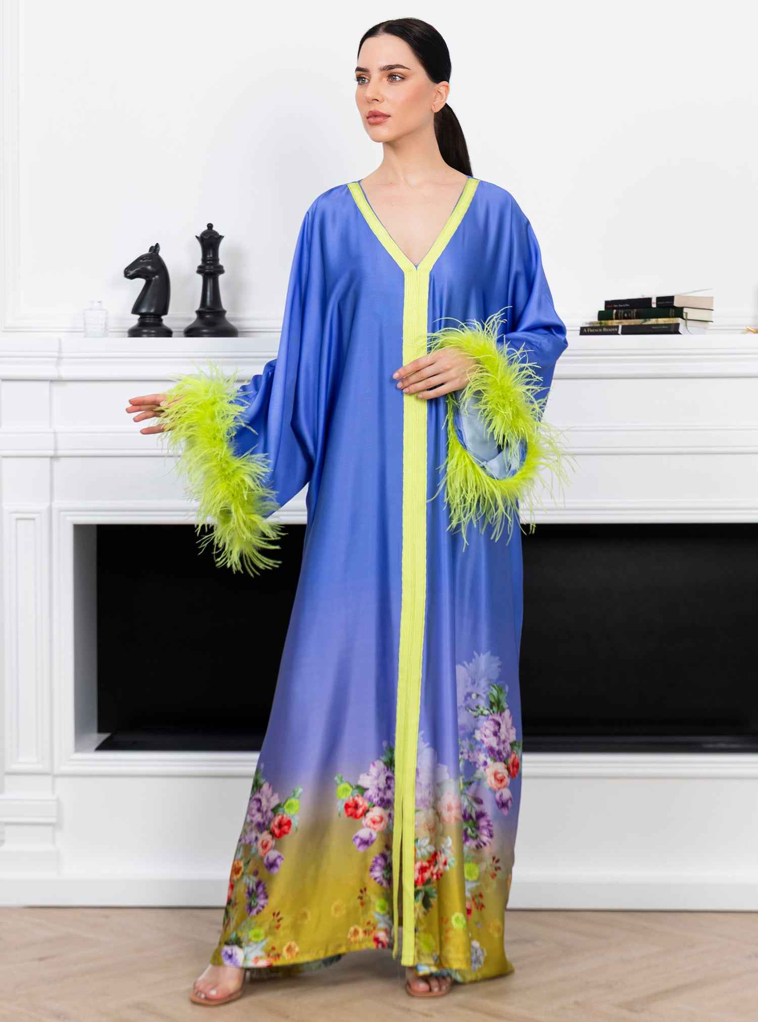 Springa-KTN049 – Radiant Silk Satin Kaftan with Floral Ombre & Delicate Feather Accents