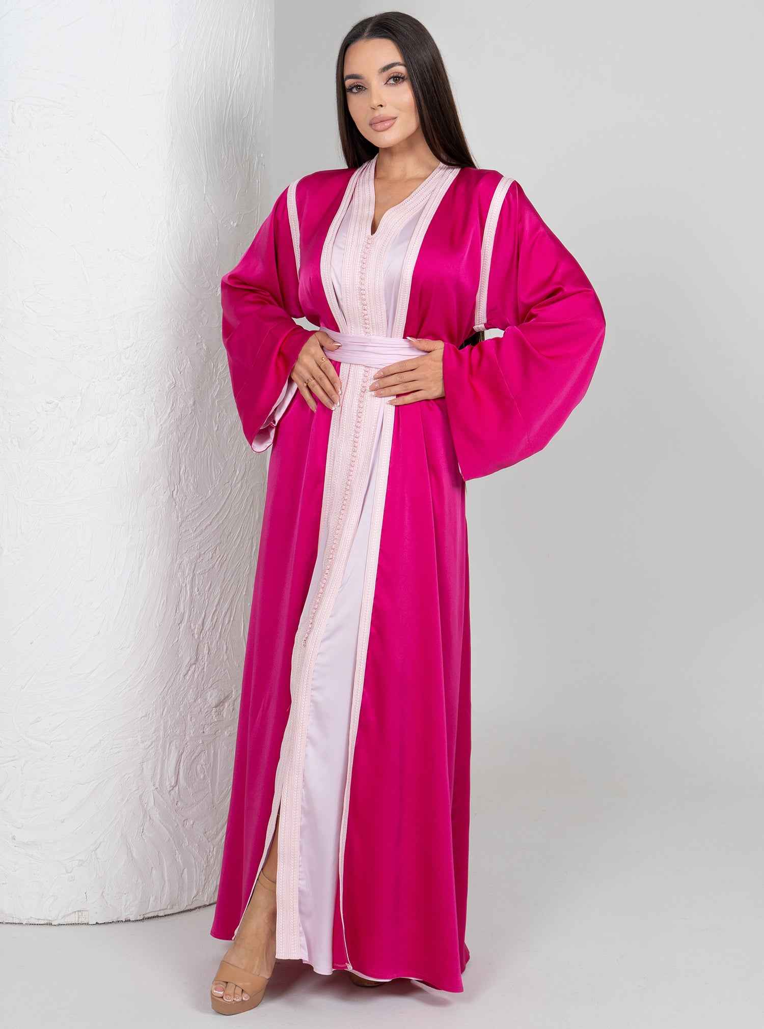 Flora KTN024 – Pink & Crimson Bahraini Silk Kaftan With Soft Blush Detailing