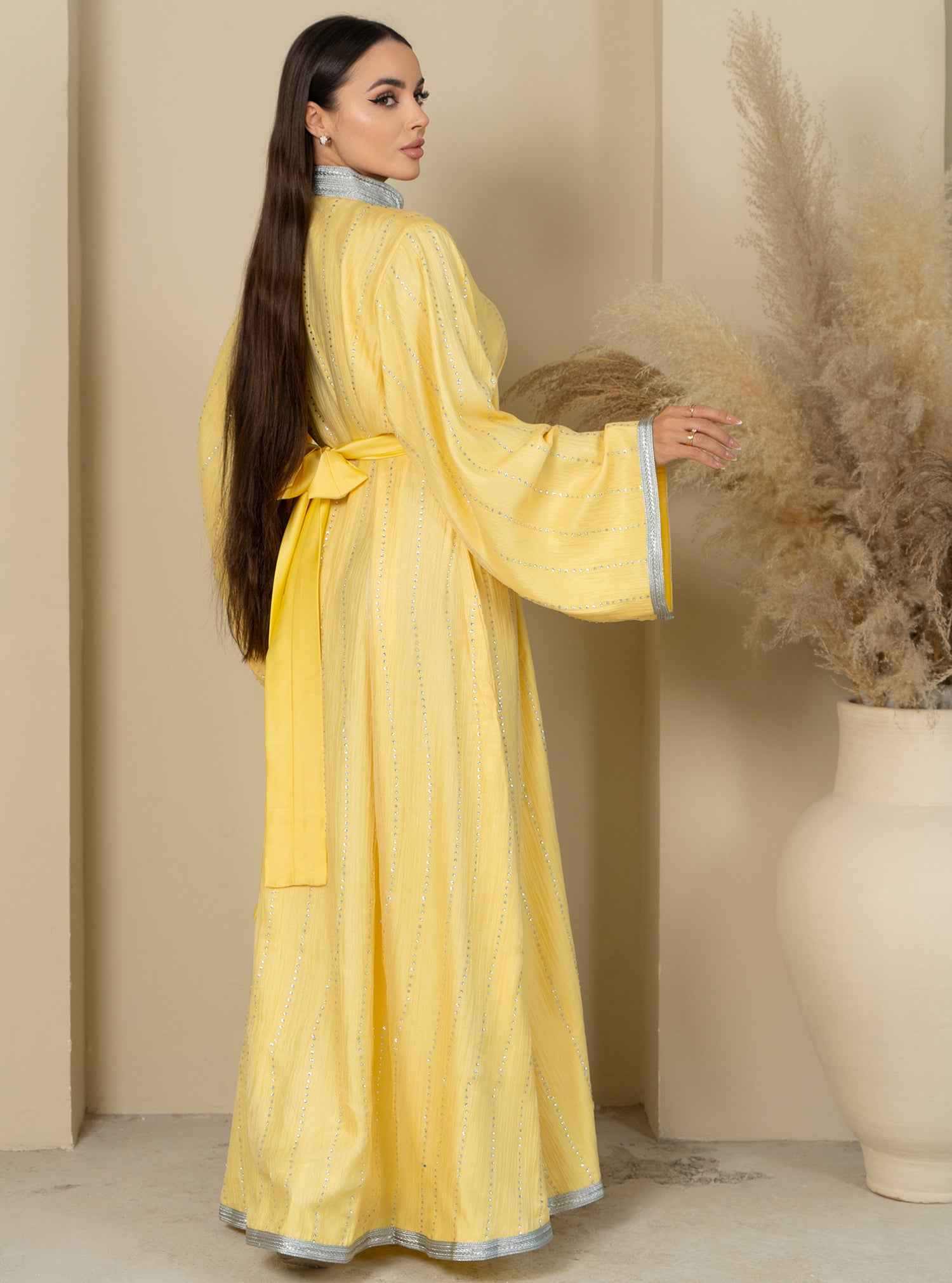 Topaz KTN028 – Radiant Yellow French Chiffon Kaftan With Silver Embellished Details