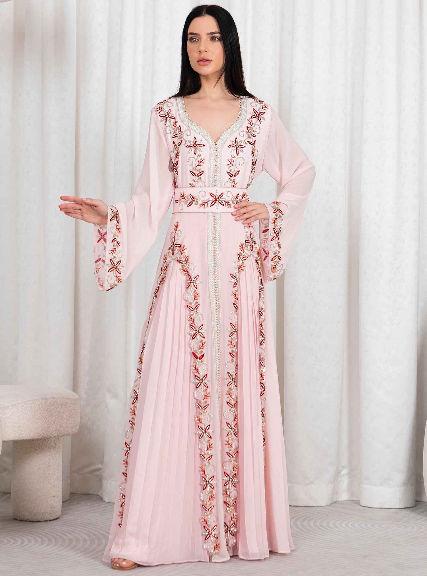 Cotton-KTN022 – Moroccan French Chiffon Kaftan Fully Embellished with Exquisite Hand Embroidery
