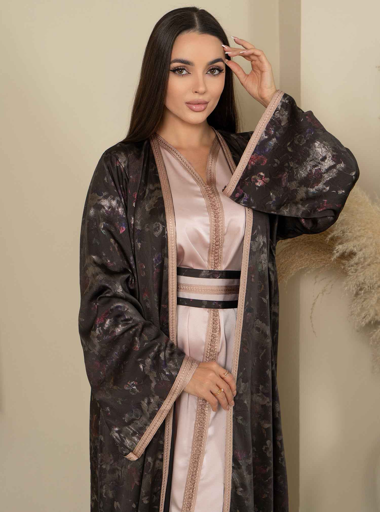 Selene-KTN030 – Soft Pink Crepe Cocktail Kaftan with Midnight Black Layered Cape