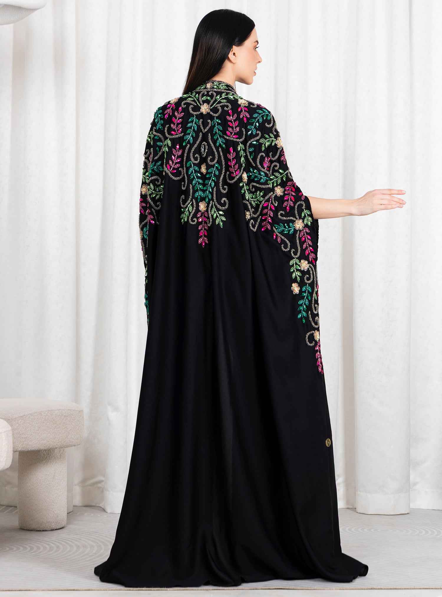 Bahar-ABY020 – Timeless Black Abaya with Masterful Multicolor Beadwork & Regal Cape Design