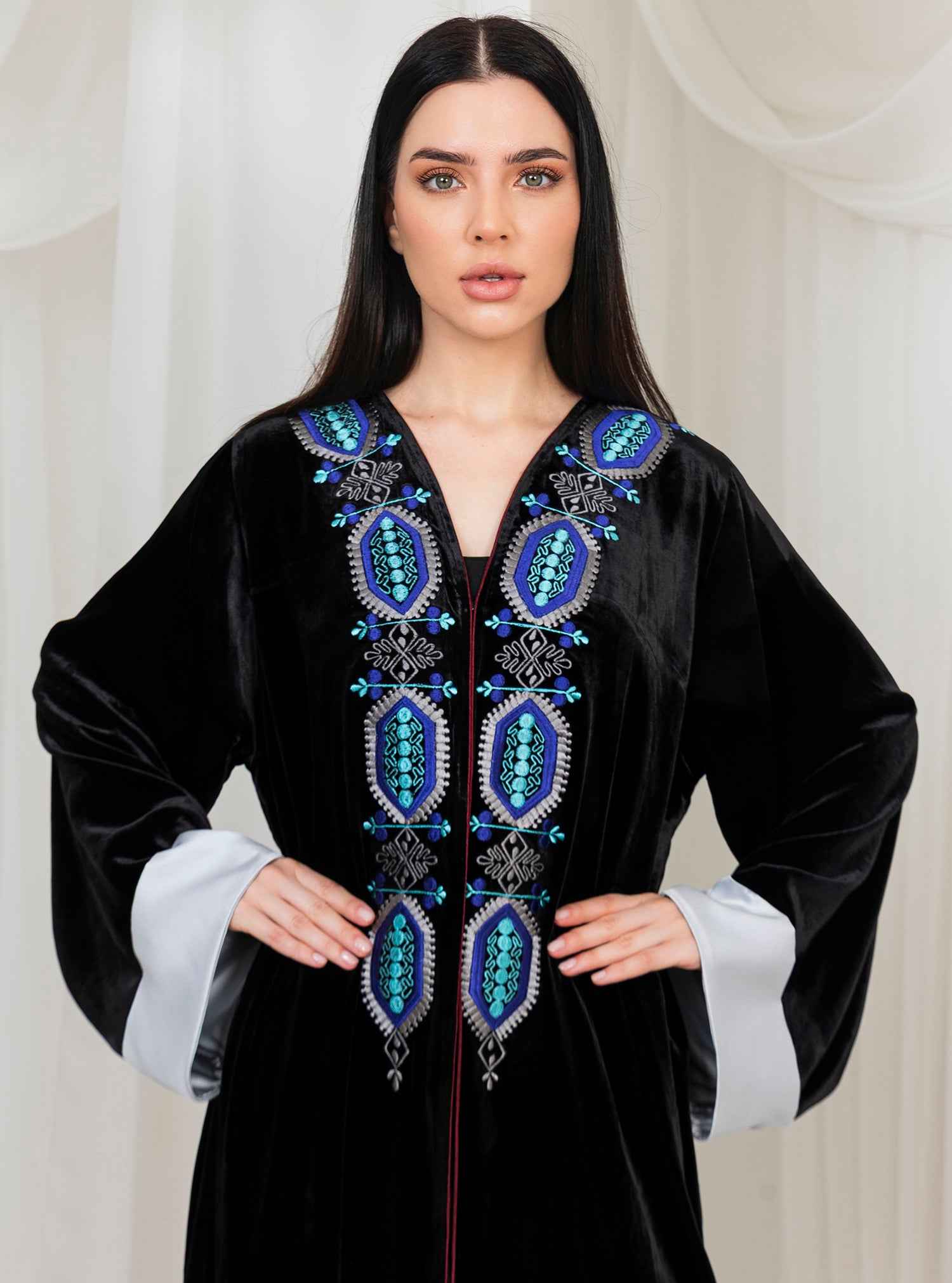 Stella-ABY031 – Black Velvet Abaya with Hand Embroidery & Satin-White Statement Sleeves