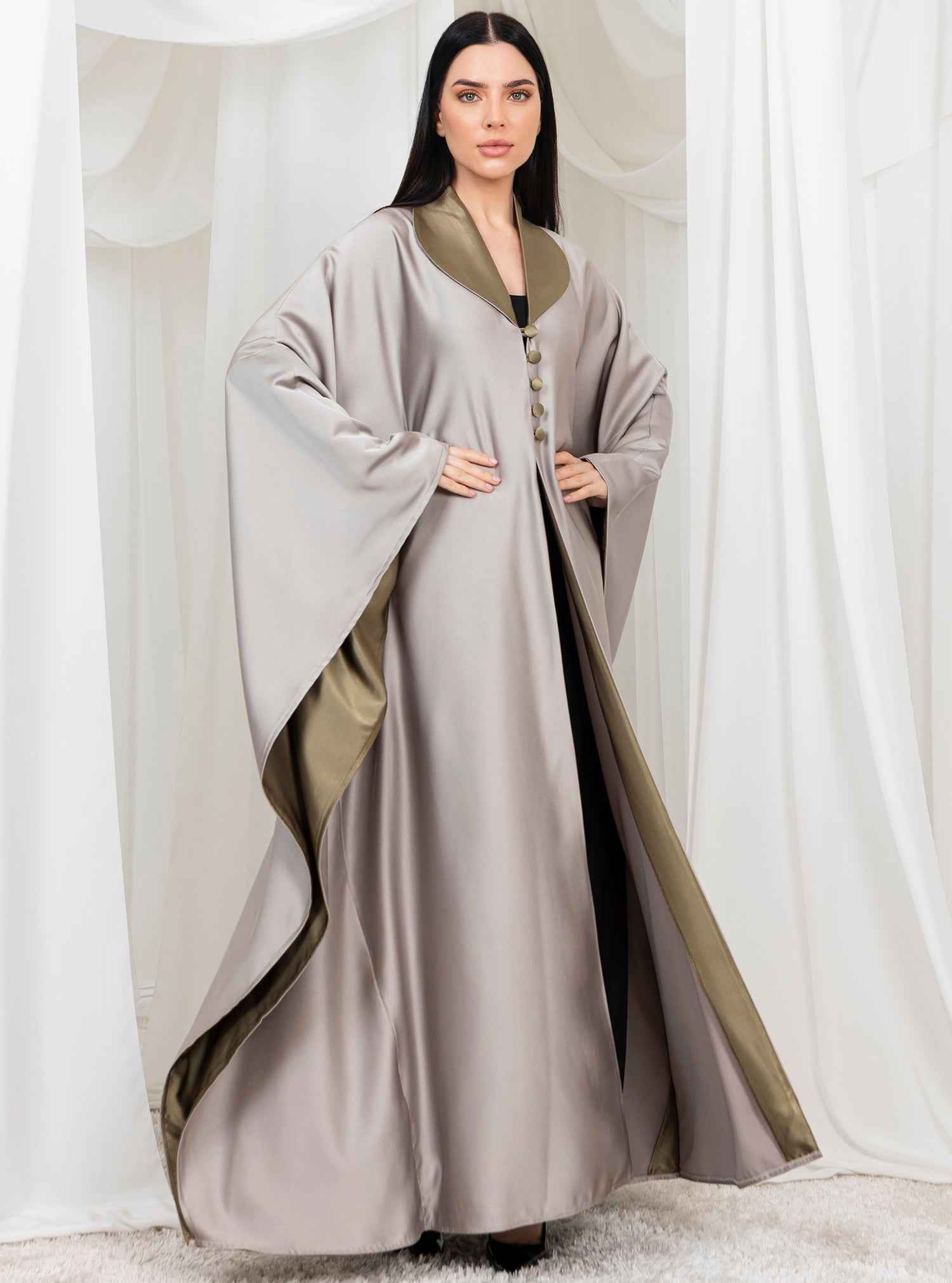 Tan-KTN051 – Satin Kaftan with Front Button Detailing & Refined Contrast Accents