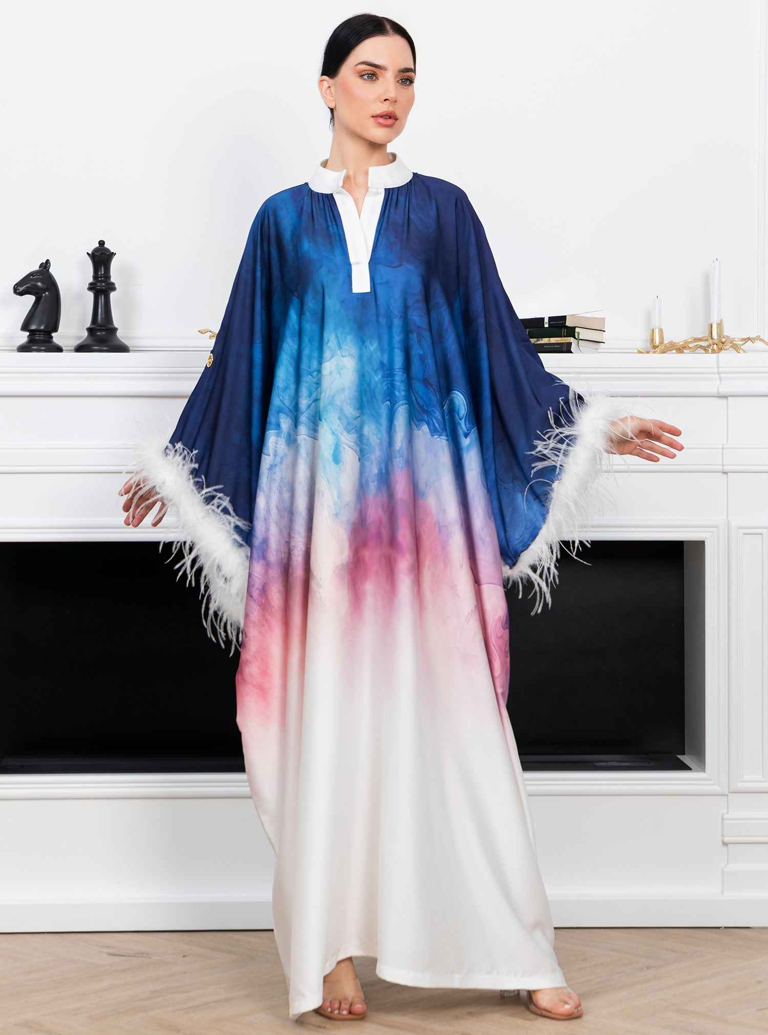 Pearl-KTN037 – Ombre Silk Satin Kaftan with Signature Feathered Elegance